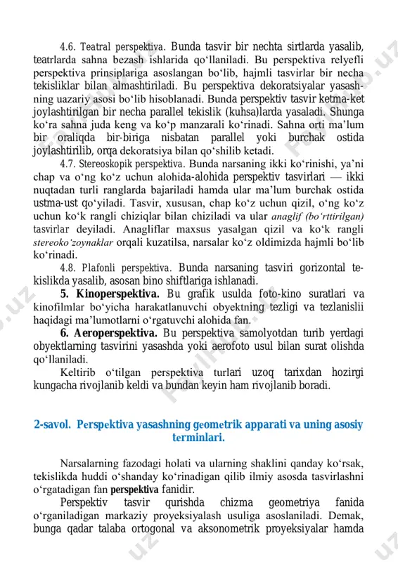 lib, teatrlarda sahna bezash ishlarida qo‘llaniladi. bu perspektiva relyefli perspektiva prinsiplariga asoslangan bo‘lib, hajmli tasvirlar bir necha tekisliklar bilan almashtiriladi. bu perspektiva dekoratsiyalar yasash- ning uazariy asosi bo‘lib hisoblanadi. bunda perspektiv tasvir ketma-ket joylashtirilgan bir necha parallel tekislik (kuhsa)larda yasaladi. shunga ko‘ra sahna juda keng va ko‘p manzarali ko‘rinadi. sahna orti ma’lum bir oraliqda bir-biriga nisbatan parallel yoki burchak ostida joylashtirilib, orqa dekoratsiya bilan qo‘shilib ketadi. 4.7. stereoskopik perspektiva. bunda narsaning ikki ko‘rinishi, ya’ni chap va o‘ng ko‘z uchun alohida-alohida perspektiv tasvirlari — ikki nuqtadan turli ranglarda bajariladi hamda ular ma’lum burchak ostida ustma-ust qo‘yiladi. tasvir, xususan, chap ko‘z uchun qizil, o‘ng ko‘z uchun ko‘k rangli chiziqlar bilan chiziladi va ular anaglif (bo‘rttirilgan) tasvirlar deyiladi. anagliflar maxsus yasalgan qizil va ko‘k rangli stereoko‘zoynaklar orqali kuzatilsa, narsalar ko‘z oldimizda hajmli bo‘lib ko‘rinadi. 4.8. plafonli perspektiva. bunda narsaning tasviri gorizontal te- kislikda yasalib, asosan bino shiftlariga ishlanadi. 5. kinoperspektiva. bu grafik usulda …