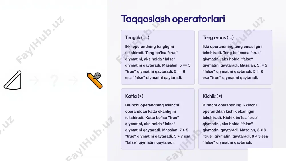 4 taqqoslash operatorlari uchinchi darajali ustuvorlik. arifmetik operatorlar bajarilgandan so'ng, taqqoslash operatorlari bajariladi. c++ da operatorlarni yuklash operatorlarni yuklash - bu bir xil operatorning turli xil ma'nolarga ega bo'lishiga imkon beruvchi mexanizm. c++ operatorlarni turli xil ma'lumot turlarida ishlatishga imkon beradi. birlamchi operatorlar c++ dasturlash tilida birlamchi operatorlar - bu boshqa operatorlar bilan birlashtirib ishlatilmaydigan operatorlar. bular dasturlash tilida muhim ahamiyatga ega. taqqoslash operatorlari kamroq ( ) bu operator ikki operandni taqqoslaydi va birinchisi ikkinchisidan katta bo'lsa, to'g'ri qiymatni qaytaradi. teng (==) bu operator ikki operandni taqqoslaydi va ular teng bo'lsa, to'g'ri qiymatni qaytaradi. teng emas (!=) bu operator ikki operandni taqqoslaydi va ular teng bo'lmasa, to'g'ri qiymatni qaytaradi. tayinlash operatorlari 1 oddiy tayinlash (=) bu operator o'ng tomondagi qiymatni chap tomondagi o'zgaruvchiga tayinlaydi. misol: `x = 5;`. 2 qo'shish va tayinlash (+=) bu operator o'ng tomondagi qiymatni chap tomondagi o'zgaruvchiga qo'shib, natijani o'zgaruvchiga tayinlaydi. misol: `x += 5;`. 3 …