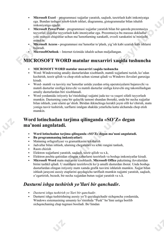 prezentasiya bu maxsus dokladlar yoki maxsus chiqishlar uchun ma’lumotlarning xarakatli, ovozli xarakatini ta’minlashi mumkin. · microsoft access - programmasi ma’lumotlar to’plash, yig’ish kabi uzatish kabi ishlarni bajaradi. · microsoftoutlook – internet tizimida ishalsh uchun muljallangan. microsoft word matnlar muxarriri xaqida tushuncha · microsoft word matnlar muxarriri xaqida tushuncha · word–windowsning amaliy dasturlaridan xisoblanib, matnli xujjatlarni tuzish, ko’zdan kechirish, taxrir qilish va chop etish uchun xizmat qiladi va windows ilovalari guruxiga kiradi. · word- matnli va tasviriy ma’lumotlar ustida yuzdan ortiq operatsiyalarni bajaruvchi va matnli dasturlar sinifiga kiruvchi va matnli dasturlar sinfiga kiruvchi eng takomillashgan amaliy dasturlardan biri xisoblanadi. · word yordamida ixtiyoriy ko’rinishidagi xujjatni juda tez va yuqori sifatli tayyorlash mumkin. dasturning yana bir qulaylik tamoni shundan iboratki, unda bir necha xujjatlar bilan ishlash, yani ularni qo’shish. biridan ikkinchisga kerakli joyni olib ko’chirish, matn yoniga tasvir tushirish, xarflarni istalgan shaklda yetarlicha katta ulchamda chop etish mumkin. word lotinchadan tarjima qilinganda …