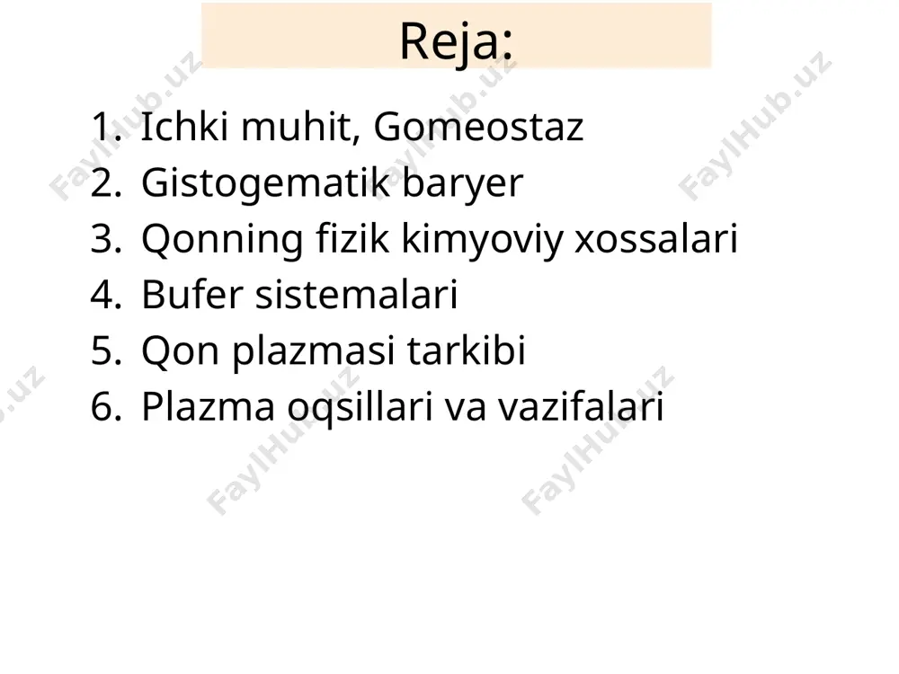 istemasi: simpatik nerv sistemasi parasimpatik nerv sistemasi gormonlar to`qima biologik aktiv moddalari sitokin gistamin geparin fermentlar gialuronidaza gistogematik baryer qon - o’zgargan biriktiruvchi to’qima bo`lib organizm ichki muhitining tarkibiga kiradi va tana massasining 6-8% ini tashkil qiladi. qon sistemasi tarkibiy qismlari: qon o`zi qon yaratilishini ta‘minlaydigan tuzilmalar: qonning yemirilishida ishtirok etuvchi a‘zolar: qon hosil bo`lishi va yemirilishini boshqaruvchi mexanizmlar tarkibi: plazma – 55-60% gemotokrit hujayralar – 40-45% -eritrotsitlar (qizil qon tanachalari)-o2 tashaydi -leykositlar (oq qon tanachalari)-infeksiyalardan himoya -trombositlar (qon plastinkalari) – gemostaz qon qon нейтрофил transport nutritiv (trofik) respirator ekskretor regulyator himoya gomeostatik ( ph, ion, osmos) tana harorati ushlab turish zaxira (glukoza, suv, protein, lipid…) qon vazifalari qon fizik xossalari rang ko`rsatgich hajm yopishqoqlik solishtirma og`irlik ph osmotik va onkotik bosim rang ko`rsatgichi – eritrotsitlar tarkibidagi gemoglobin hisobiga hosil bo`ladi. normoxromiya – 0,85-1.05 oralig`i gipoxromiya – 0,85dan past giperxromiya – 1,05dan baland qon hajmi – tana massasining 6-8%i normovolemiya …
