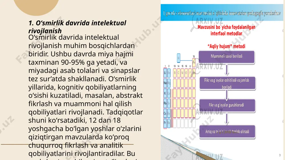 ol oʻynashini ta'kidlashadi. pandemiya davrida, oʻrganish jarayonlari internet orqali boʻlganida, talabalarning motivatsiyasi sezilarli darajada pasayib, 40% ga tushgan. raqamli resurslardan foydalanish oʻqishga boʻlgan qiziqishni qayta tiklashda muhim vosita boʻld. bazi yoshlarda o’smirlik yoshida etiborning yetishmasligi ota onaning mehri kamdek tuyulishi natijasida ularning yomon yo’llarga kirib ketish vaziyatlari kuzatilishi mumkin. bunday vaqtlarda bolalarning fiziologik va psixik nuqtai nazardan ulg’ayishi ularni o’smirlik inqirozi davrida ekanligidan dalolat beradi. ... t.me/slaydai_bot 7. emotsional intellektning rivojlanishi emotsional intellektning rivojlanishi insonning hissiy va ijtimoiy qobiliyatlarini yaxshilaydi. tadqiqotlar shuni ko‘rsatadiki, yuqori emotsional intellektga ega shaxslar stressni yaxshiroq boshqaradilar va muloqotda samaraliroqdirlar. 1995-yilda daniel goleman tomonidan "emotional intelligence" kitobi nashr etilganidan so‘ng bu mavzu mashhurlashdi. ushbu intellekt turi 5 asosiy qismdan iborat: o‘z-o‘zini anglash, o‘zini boshqarish, motivatsiya, empatiya va ijtimoiy ko‘nikmalar. hisobotlarga ko‘ra, emotsional intellekt 80% hollarda professional muvaffaqiyatga hissa qo‘shadi. shuningdek, bolalarda emotsional intellektni rivojlantirish uchun ta'lim dasturlari tobora keng tarqalmoqda. bu esa kelajak avlodlarning psixologik farovonligini …