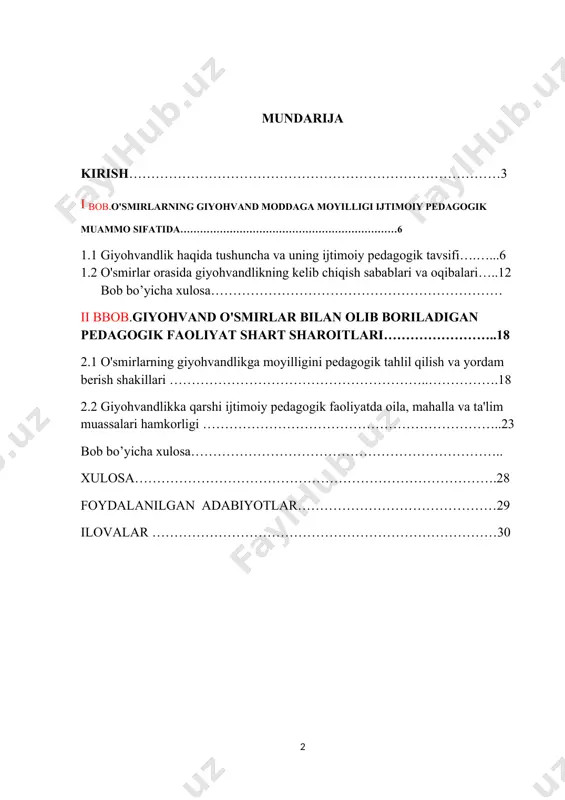 a ushbu illatga qarshi kurash chora-tadbirlari bir nechabor kuchaytirildi. ijtimoiy salbiy illatlardan biri bo’lgan giyohvandlikka qarshi kurash vauning oldini olish eng dolzarb muammolardan biri bo’lib, nafaqatrespublikamiz, balki butun dunyo jamoatchiligini jiddiy tashvishga solmokda. ushbu muammoning qay tartibda o’z echimini topishi butun insoniyatning ertasinibelgilab beradi. shu sababli giyohvandlikning oldini olish va unga qarshisamarali kurashni tashkil etish barcha kuch va vositalarni birlashtirishni takazoqilmoqda. narkomaniyaga qarshi kurash qonunchilikni va huquq-tartibotni mustakkamlash, fuqarolarning huquqlari va qonuniy manfaatlarini muxofazaqilishning asosiy yo’nalishlaridan hisoblanadi. so'ngi yillar mobaynida narkobiznesga qarshi olib borilgan ishlar mamlakatimizda giyohvandlikning oldini olish, psixotrop vositalar oldi-sotdisini bartaraf etish samaradorligining oshishiga olib keldi. respublikamiz mustakillikka erishgandan so’ng giyohvandlikka qarshikurash kuchaydi, uning oldini olishga qaratilgan chora-tadbirlar ishlab chiqildi. o’zbekistonning bu yunalishdagi asosiy tanlagan yo’li transmilliy uyushgan jinoiy guruhlar narkotik vositalarni kontrabanda qilish uchun respublika hududidan foydalanishining oldini olish, giyohvandlik vositalarining qonuniy muomalasi ustidan qat`iy nazorat o’rnatish, giyohvandlik vositalarining noqonuniy aylanishiga qarshi kurashish samaradorligini ta`minlash, giyohvandlikka chalingan …
