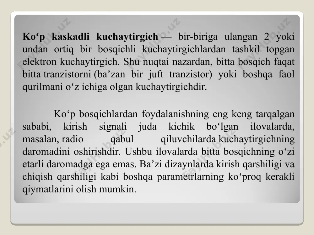 tirish koeffitsienti: bir nechta tranzistorlar birlashganda, kuchaytirish koeffitsienti sezilarli darajada oshadi. 2.sifatli signal: kaskadli sxemalar, shovqinlarni kamaytirish va yuqori sifatli signalni ta'minlash uchun mo‘ljallangan. 3.moslashuvchanlik: har xil qo‘llanmalar uchun turli xil konfiguratsiyalarni o‘rnatish mumkin. shovqinlarni kamaytirish usullari 1.qarshilik va kondensatorlar: signalni uzatishda shovqinni kamaytirish uchun filtr sifatida ishlatiladi. 2.impedans moslashuvi: kirish va chiqish impedanslarini moslashtirish shovqinni kamaytiradi. 3.yuqori sifatli tranzistorlar: kam shovqinli mosfetlarni tanlash, shovqinni kamaytiradi. xulosa maydoniy tranzistoplar asosidagi kuchaytirgich kaskadlari elektronika sohasida muhim rol o‘ynaydi. ular yuqori kuchaytirish koeffitsienti, yuqori sifatli signal va moslashuvchan dizayn imkoniyatlari bilan ajralib turadi. bunday sxemalar ko‘plab zamonaviy qurilmalarda keng qo‘llaniladi. kuchaytirgich kaskadlar, elektrik kuchayishini oshirish va signalni o'zgartirish uchun ishlatiladigan tuzilmalar hisoblanadi. kuchaytirgich kaskadlar, elektronik devicelarda kuchayishni oshirish va signalni o'zgartirish uchun tuzilgan tuzilmalardir. kuchaytirgich kaskadlarning ish prinsipi, bir tranzistorning ikkinchi tranzistorning boshqarilishi orqali kuchayishni oshirish va signalni o'zgartirish jarayonlarini tushuntirishni o'z ichiga oladi. 2 kaskadli kuchaytirgichning soddalashtirilgan diagrammasi eng oddiy va …