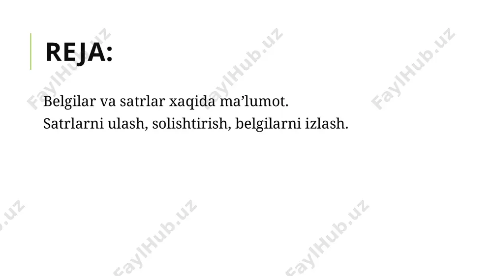 zgartiruvchi funksiyalar bu funksiyalar ishlashi uchub cstdlib kutubxonasi chaqiriladi funksiya prototipi vazifasi double atof(const char * c) c satrni xaqiqiy sonli toifaga aylantiradi int atoi(const char * c) c satrni butun sonli int tipidagi toifaga aylantiradi long atol(const char * c) c satrni butun sonli long tipidagi toifaga aylantiradi long long atoll(const char * c) c satrni butun sonli long long tipidagi toifaga aylantiradi satrni xaqiqiy butun songa aylantirish qatorlar xaqida ma’lumot c++ tili satrlarni yaratish va ularni boshqarish uchun standart string klassini ishlatadi. satrlar bilan amallar bajarilayotganda kerakli hotira maydoni avtomatik ajratiladi yoki o’zgartiriladi. dasturchi ichki hotirani taqsimlash haqida qayg’urmasa ham bo’ladi chunki bu kompilyator tomonidan bajariladi qatorlar xaqida ma’lumot qatorlar xaqida ma’lumot qatorlar xaqida ma’lumot qatorlar xaqida ma’lumot agar string tipi e’lon qilinmasa 0 chi uzunlikdagi bo’sh satr yaratiladi. satr uzunligi ya’ni satrda joylashgan simvollarni aniqlash uchun length( ) funksiyasidan yoki unga ekvivalent bo’lgan size( ) dan foydalaniladi. …
