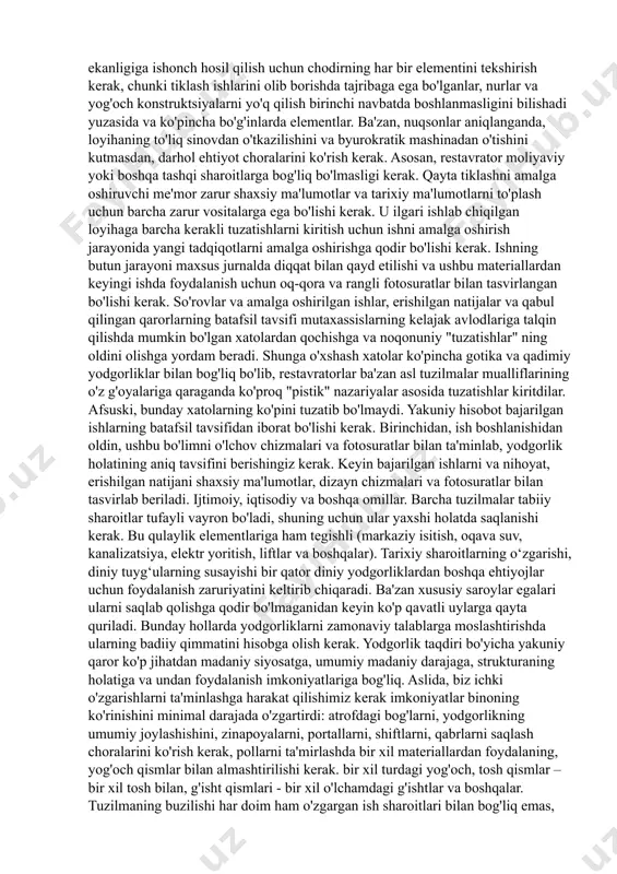 adimiy yodgorlikni yo‘q qilishga yo‘l qo‘ymasdi, chunki biz san’at asarlarini asl ko‘rinishida tizimli ravishda qayta tiklash tamoyilini qabul qilganmiz. restavratsiyada qanday tushuncha. qayta tiklash konservatsiyadan qanday farq qiladi? tabiatni muhofaza qilish bilan shug'ullanuvchilarning ta'kidlashicha, bu, asosan, yodgorliklarni saqlash, ularni buzish, yo'q qilish va shikastlangan qismlarni ta'mirlashdan iborat. lekin amalda yirik obidalar haqida gap ketganda bir qancha iqtisodiy muammolar yuzaga keladi. bunday tuzilmalar qandaydir utilitar funktsiyaga ega bo'lishi kerak, chunki ko'pincha bu ularning saqlanishiga yordam beradigan yagona narsa, shuning uchun yodgorliklarni moslashtirish uchun bir qator choralarni ko'rish kerak muayyan funktsiyalar. bundan kelib chiqadiki, mutlaqo sof konservatsiya kamdan-kam uchraydi. 1-rasm. samarqanddagi ulug’bek madrasasi 1956 y. odatda strukturani modernizatsiya qilish yoki uni moslashtirish uchun ba'zi ishlarni bajarish kerak. muayyan funktsiyalarni bajarish uchun mo'ljallangan binolarni bunday qisman rekonstruktsiya qilish, albatta, ma'lum qoidalarga muvofiq amalga oshirilishi kerak. agar biz hozirda hech qanday utilitar ahamiyatga ega bo'lmagan vayron bo'lgan binolar haqida gapiradigan bo'lsak, unda bu holda …