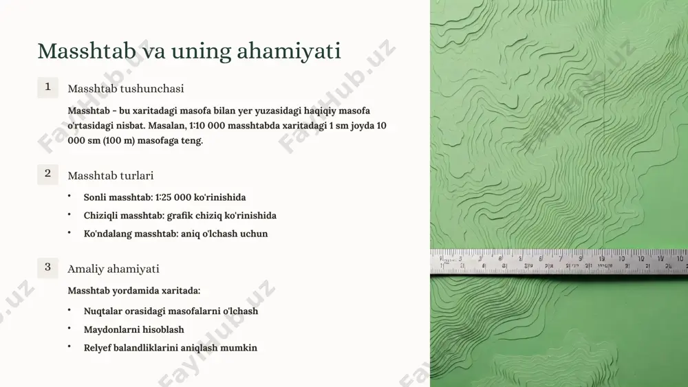 alaniladi. masshtab va uning ahamiyati 1 masshtab tushunchasi masshtab - bu xaritadagi masofa bilan yer yuzasidagi haqiqiy masofa o'rtasidagi nisbat. masalan, 1:10 000 masshtabda xaritadagi 1 sm joyda 10 000 sm (100 m) masofaga teng. 2 masshtab turlari sonli masshtab: 1:25 000 ko'rinishida chiziqli masshtab: grafik chiziq ko'rinishida ko'ndalang masshtab: aniq o'lchash uchun 3 amaliy ahamiyati masshtab yordamida xaritada: nuqtalar orasidagi masofalarni o'lchash maydonlarni hisoblash relyef balandliklarini aniqlash mumkin topografik xaritalarda shartli belgilar topografik xaritalarda barcha obyektlar shartli belgilar yordamida tasvirlanadi. bu belgilar xalqaro standartlarga muvofiq bo'lib, kartani o'qishni osonlashtiradi. shartli belgilar turlari: tabiiy obyektlar: o'rmonlar, daryolar, ko'llar, tog'lar sun'iy obyektlar: binolar, yo'llar, ko'priklar, elektr liniyalari chegara va ma'muriy belgilar geodezik punktlar va belgilar har bir belgi o'zining rangi, shakli va ko'rinishiga ega bo'lib, bu ma'lumotlarni to'g'ri talqin qilishda muhim ahamiyat kasb etadi. geografik koordinatalarni aniqlash geografik koordinatalar - bu nuqtaning yer sharida joylashgan o'rnini kenglik va uzoqlik orqali ifodalash …