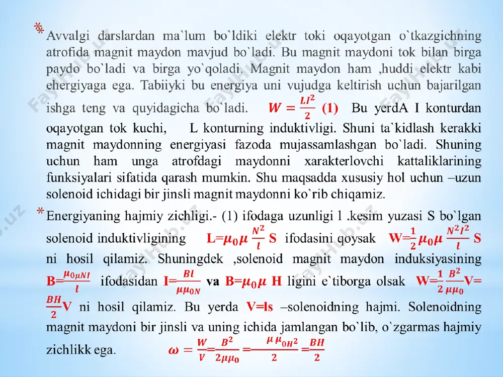 a chiziqlarining sonini xarakterlaydi. magnit oqimining ishorasi- cos a qanday qiymatni qabul qilishiga qarab , magnit oqimi musbat yoki bo`lishi mumkin. cosa ning yo`nalishi esa normalning musbat yo`nalishi qanday tanlanishiga bog`liq bo`ladi. normalning musbat yo`nalishi esa qaralayotgan konturdan oqayotgan tokning yo`nalishiga bog`liq bo`ladi. va o`ng parma qoidasiga asosan aniqlanadi. yopiq sirt orqali o`tuvchi magnit oqimi nolga teng. chunki unga kiradigan va undan chiqadigan kuch chiziqlarining soni teng. magnit oqimi birligi veber nemis fizigi v.veber sharafiga qo`yilgan. 1wb -1t induksiyali , bir jinsli magnit maydon kuch chiziqlariga perpendikulyar joylashtirilgan 1 yuzali sirtdan o`tadigan oqimdir. tokli o`tkazgichni magnit maydonda ko`chirishda bajarilgan ish. magnit maydonidagi tokli o`tkazgichga amper kuchi ta`sir etadi. o`tkazgich f kuch ta`sirida 1 holatdan 2 holatga ko`chsin. bunda quyidagicha bajariladi. bu ifodadagi l =s o`tkazgich harakatlanganda qamrab oladigan yuza,.u holda magnit maydon nafaqat tokli o`tkazgichga balki magnit maydonda harakatlanayotgan alohida zaryadga ham ta`sir qiladi. chunki harakatlanadigan zaryad ham oz atrofida …