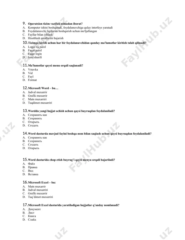 dr. web, ms excel va paint 7. dasturiy maxsulotlarning sinflari keltirilgan qatorni tanlang a. tizimli dasturiy ta'minot, adp lar, dasturlash texnologiyalarining qurollari b. arxivlash dasturlari c. servisli dasturiy ta'minot d. dasturlash texnologiyalarining qurollari 8. qaysi dastur amaliy dasturiy maxsulotlarning sinfiga kiradi? a. windows, android b. os/2, macos, веб, android и ios. c. bem, 1 c, iabs, asbt, ms word, ms excel d. operastsion qobiq 9. operatsion tizim vazifasi nimadan iborat? a. komputer ishini boshqaradi, foydalanuvchiga qulay interfeys yaratadi b. foydalanuvchi fayllarini boshqarish uchun mo'ljallangan c. fayllar bilan ishlash d. hisoblash amallarini bajarish 10. tizimga kirish uchun har bir foydalanuvchidan qanday ma'lumotlar kiritish talab qilinadi? a. login va parol b. faqat parol c. faqat login d. ismi sharifi 11. ma'lumotlar qaysi menu orqali saqlanadi? a. vstavka b. vid c. fayl d. format 12. microsoft word – bu… a. jadval muxarrir b. grafik muxarrir c. matn muxarriri d. taqdimot muxarriri 13. wordda …