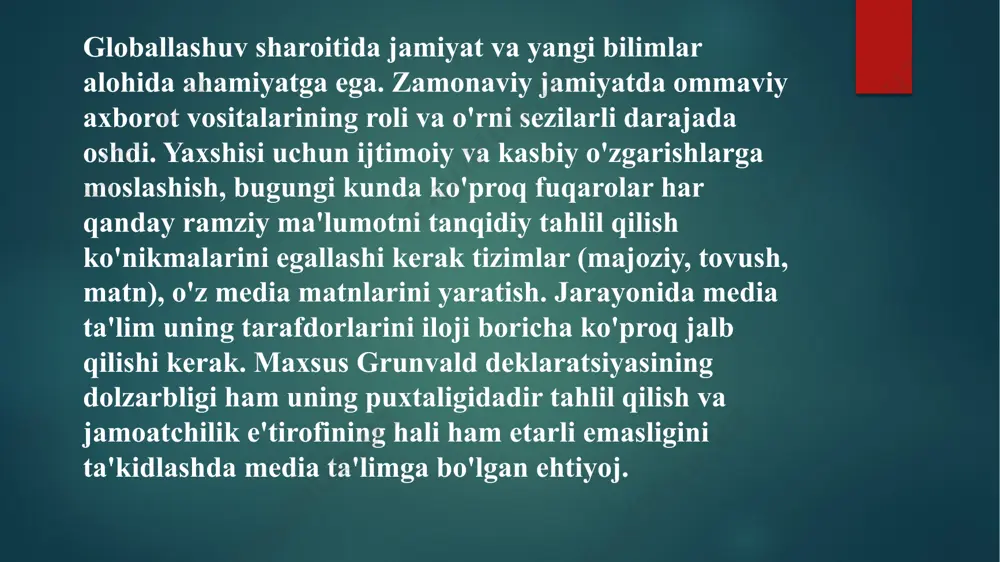 rasmiy tayyorlov tizimiga kiritilishi uchun tuzilgan” mavzu:qisqa metrajli vizual media mahsukotlar yaratish. reja: multimedia loyihasini yaratish multimedia mahsulotida asosiy narsa nima? multimedia mahsuloti turlari bugungi kunda eng ommabop mavzu – multimedia loyihasini yaratish. bu yerda har kim o‘zining bor ijodiy o‘ziga xosligini, aql-zakovatini, bilimini, nozik didini namoyon qilishi mumkin. afsuski, taqdimot tayyorlash va ma'lumotlar bazasi yaratish bilimlariga ega bo‘lmasdan multimediali loyiha tayyorlab bo‘lmaydi, shunga qaramasdan maxsus dasturiy vositalar borki, ularning ishlash texnologiyasini o‘rganib, ko‘pfunksiyali ishlash vositalariga ega bo‘lish mumkin. biz sizga namunali dasturiy vositalar yordamida amalda shunday qilishni o‘rgatamiz. vositalarni qanday o‘zlashtirishingiz emas, balki multitimedia mahsulotini yaratish texnologiyasining o‘zi muhim hisoblanadi. multimedia mahsuloti o‘zi nima? bu hujjatli filmga juda o‘xshash, faqat kompyuterda mavjud mahsulot. bu yerda musiqa, rang effektlari, harakat (animatsiya), ovoz bor. multimedia mahsulotida asosiy narsa nima? har bir filmda bo‘lgani kabi bu – ssenariy. siz bir vaqtning o‘zida ham ssenarist, ham rejissyor, ham rassom, ham operator bo‘lishingiz kerak. …