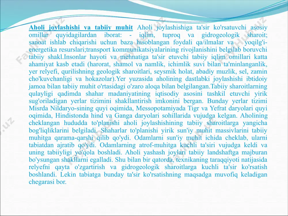 ining tavsifi keltiriladi. kompleks geologik-gidrogeologik ekspeditsiyalar materiallari, gcologik fond materiallari asos bo'lib xizmat qiladi. iqlimiy shart-sharoitlar umumiqlimiy, qurilish-iqlimiy, fiziologik-iqlimiy va agroiqlimiy tavsiflarni o'z ichiga oladi. umumiy iqlimiy sharoitlarni tavsiflaganda havoning harorati va namligi, yog'ingarchilik, shamollar, quyosh radiatsiyasi, absolut maksimum va minimum haroratlarning yillik amplitudasi, eng issiq va cng sovuq oylarning o'rtacha harorati, oylik o'rtacha havoning absolut va nisbiy namliklari to'g'risidagi ko'rsatkichlar keltiriladi. bundan tashqari, yilning issiq va sovuq vaqtlaridagi o'rtacha yog'ingarchilik miqdori, yil davomidagi yog'ingarchilikli va qorli kunlar soni, qor qoplamining balandligi, shamolning maksimal tezliklari keltiriladi. qurilish-iqlimiy sharoitlarni o'rganganda tegishli qurilish me'yorlari ko'rsatmalariga («qurilish klimatologiyasi va geofizikasi») amal qilish lozim. hududni fiziologik-iqlimiy baholaganda sanitar-iqlimiy zinalarga bo'lish yoki iqlimiy-rekreatsion baholash uslublaridan foydalanish tavsiya etiladi. agroiqlimiy baholash hududni issiqlik va namlik bilan ta'minlanganligini aniqlash yo'li bilan amalga oshiriladi. issiqlik bilan ta'minlanganlik faol vegetatsiya davridagi (havoning o'rtacha kunlik harorati 10°c dan yuqori) haroratlaryig'indisi bilan o'lchanadi. namlik bilan ta'minlanganlik esa namlanish darajasi va gidrotermik …