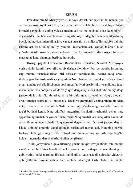 q orqali ifodalangan fikr tushunarli va yoqimlidir.nutq harakatlari murakkab a’zolar tizmi orqali amalga oshiriladiki,bunda bosh miya faoliyati asosiy rol o‘ynaydi,nutq faqat inson uchun xos bo‘lgan alohida va yuqori darajadagi aloqa shaklidir,nutqiy aloqa jarayonida kishilar fikr almashadilar va bir birlariga ta’sir etadilar. nutqiy aloqa til orqali amalga oshiriladi; til-bu fonetik leksik va grammatik vositalar tizimidir odam nutqi tushunarli va ma’noli bo‘lishi uchun nutq a’zolarining xarakatlari aniq va tog‘ri bo‘lishi kerak. nutq talaffuzi mexanizmi harakatini tushunish uchun nutq apparatining tuzilishini yaxshi bilishi zarur. nutq buzilishlari uzoq yillar davomida o‘rganib kelayotgan sohadir.nutq normasi deganda nutq faoliyati jarayonidagi til ishlatilishining umumiy qabul qilingan variantlari tushuniladi. nutqning normal faoliyati holatiga uning psixofiziologik mexanizmlarning zaiflashuviga bog‘liq holda til normalaridan chetlashuvi bilan belgilanadi. ta’lim jarayonida o‘quvchilarning yozma nutqini rivojlantirish o‘ta muhim vazifalardan biri hisoblanadi. chunki yozma nutq nafaqat o‘quvchilarning til qobiliyatini, balki ularning fikrlash, tahlil qilish va mustaqil xulosalar chiqarish qobiliyatlarini rivojlantirishda ham alohida ahamiyat kasb etadi. …