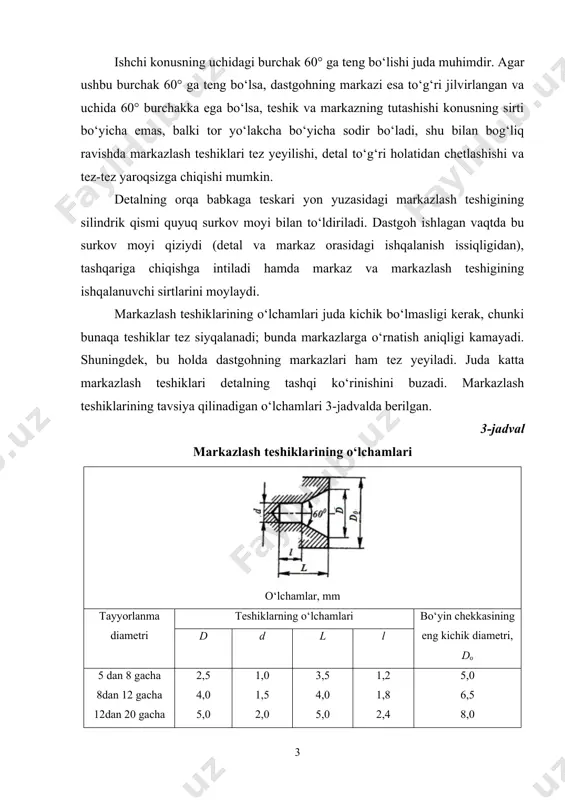 0 gacha 20dan 30 gacha 30dan 50 gacha 50dan 80 gacha 80dan 120 gacha 2,5 4,0 5,0 6,0 7,5 10,0 12,5 1,0 1,5 2,0 2,5 3,0 4,0 5,0 3,5 4,0 5,0 6,0 7,5 10,0 12,5 1,2 1,8 2,4 3,0 3,6 4,8 6,0 5,0 6,5 8,0 10,0 12,0 15,0 20,0 jadvaldan foydalanishda quyidagi qoidalarga amal qilish kerak: 1) val bo‘yini chekkalarining diametrlari har xil bo‘lganda ham markazlash teshiklari valning har ikki yonyuzasida bir xil o‘lchamga ega bo‘lishi kerak; 2) oson ishlarda ko‘pincha tayyorlanmaning ushbu diametri uchun jadvalda ko‘zda tutilgan eng yaqin kichik va, aksincha, og‘ir ishlarda eng yaqin katta markazlash teshiklari o‘lchamlarini qabul qilish mumkin bo‘ladi.. 5.2. markazlash teshiklarini belgilash. · tayyorlanmalarning, xususan og‘irlarining yon yuzalarida markazlash teshiklarining holatini belgilash orqali topish mumkin. belgilash oddiy sirkul yordamida amalga oshiriladi. belgilanadigan tayyorlanmaning radiusiga taxminan teng bo‘lgan sirkulning ignalari orasidagi masofani o‘rnatib, chap qo‘lning katta barmog‘i yordamida bitta oyoqchasining uchi detalning yon sirtiga …