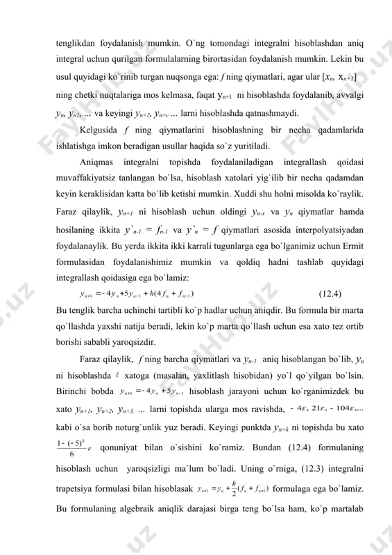 aqribiy qiymatlarning xatolari yк(к = ) ma`lum deb qaraymiz. qolgan barcha к (к > р) ketma-ket ravishda (12.8) formuladan aniqlanadi. (12.8) da n = p deb olsak p+1 dastlabki к(к = ) va rp + p larning chiziqli kombinatsiyasi sifatida topiladi. bu natijadan foydalanib va (12.8) da п = р deb olib p+1 ni dastlabki к(к = ) va rp + p larning chiziqli kombinatsiyasi orqali ifodalanadi va hokazo. shunday qilib, (12.8) tenglama yordamida п> р uchun к (к р)va rp + p, , ..., , rn-1 + n-1 larning bir jinsli funksiyasi kabi ifodalanadi: ko`rinib turibdiki, г funksiya (12.8) tenglamaga mos (12.10) bir jinsli tenglamaning k= `к(к = ) dastlabki shartlarga mos keluvchi xususiy yechimidir. haqiqatan ham, (12.9) da barcha j = uchun rj + j = 0 deb olib, bu dastlabki shartlardan foydalansak, п = г kelib chiqadi. shuning uchun ham г funksiya i ning ta`sir yoki grin …