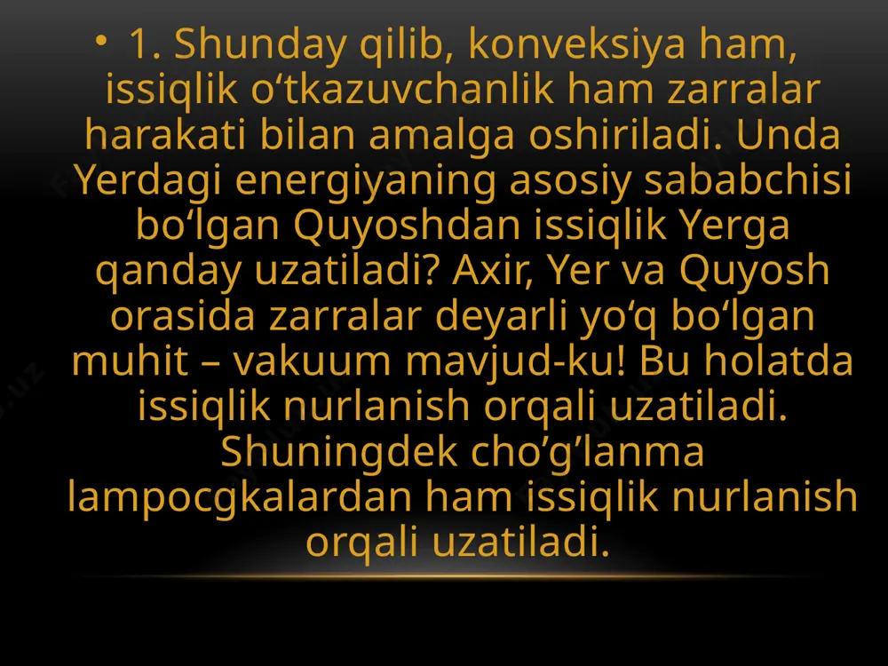 nalarni isitish mexanizmi asosan nurlanish va konveksion yo’l biln isitilishga asoslangan bo’lib asosan quyosh orqali kunduzi isitiladi va tunga kelib quyosh yo’qolganda esa asosan gaz va elektr lampolar bilan yoki elektr pechlari bilan isitiladi. amaliy topshiriq 1. qalin qog‘oz olib, undan quticha yasang. uning ichiga suv to‘ldirib birozdan so‘ng usti berk elektr plitkasiga qo‘ying. undagi suv isishi va hatto qaynashi mumkin. lekin qog‘oz quticha kuymaydi. sababini tushuntiring. nazorat savollari 1. avtomobil dvigatelini qizib ketishdan qanday saqlanishini bilasizmi? 2. uylarni isitishda to‘g‘ridan-to‘g‘ri yoqilg‘ini yoqib isitiladigan pech lardan, qaynoq suv bilan isitiladigan yoki bug‘ bilan isitiladigan radiator lardan foydalaniladi. ularning qanday afzalliklari va kam chiliklari mavjud? 3. nima uchun sovuq binoda eng avval oyoq sovqotadi? 4. qanday holatlarda jismlardan bir vaqtda ham issiqlik o‘tkazuvchanlik, ham nurlanish orqali issiqlik uzatiladi? e’tiboringiz uchun rahmat image2.png image4.png image5.png image6.png image7.png image8.jpg /docprops/thumbnail.jpeg