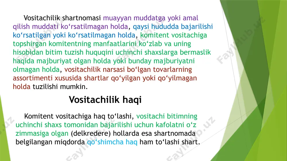 an qo‘shimcha vositachilik shartnomasi tuzishga haqli bo‘lib, qo‘shimcha vositachining harakatlari uchun komitent oldida javobgar bo‘lib qolaveradi. qonun biron-bir bitimni faqat maxsus vakil qilingan shaxslar bilan tuzishga yo‘l qo‘yadigan hollarda qo‘shimcha vositachilik shartnomasi faqat ana shunday shaxs bilangina tuzilishi mumkin. agar vositachilik shartnomasida boshqacha tartib nazarda tutilgan bo‘lmasa, vositachilik shartnomasi bekor qilingunga qadar komitent vositachining roziligisiz qo‘shimcha vositachi bilan bevosita munosabatlarga kirishishga haqli emas. vositachi sotadigan mol-mulkning bahosi vositachi sotadigan mol-mulkning bahosi, agar qonunchilikda yoki vositachilik shartnomasida boshqacha tartib nazarda tutilgan bo‘lmasa, komitent bilan kelishgan holda belgilanadi. komitentning ko‘rsatmalaridan chetga chiqish vositachi komitentning ko‘rsatmalaridan ushbu kodeksning 819-moddasida nazarda tutilgan hollarda chetga chiqishga haqli. mol-mulkni komitent bilan kelishilgan narxdan arzon sotgan vositachi mol-mulkni kelishilgan narxda sotish imkoniga ega bo‘lmaganligini va arzon narxda sotish natijasida yana ham ko‘proq zararning oldi olinganligini isbot qilib bermasa, oradagi farqni komitentga to‘lashi shart. vositachi komitentdan ruxsat so‘rashi shart bo‘lgan hollarda u komitentning ko‘rsatmalaridan chetga chiqishga komitentning roziligini …