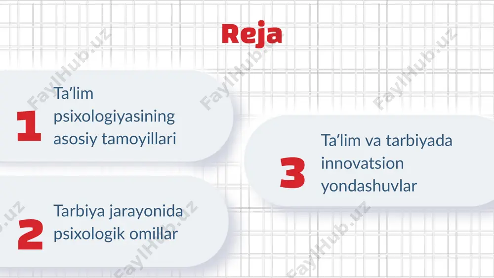 itishda o'zaro munosabatlarni yaxshilash va o'quvchilarning ruhiy holatini tushunishga yordam beradi. bu yondashuvlar, o'quvchilarning o'z-o'zini boshqarishda va motivatsiya darajasida muhim rol o'ynaydi. oʻqitish usullarining psixologik asoslari oʻquvchilarning motivatsiyasini oshirish va taʼlim jarayonida yanada samarali bo'lishi uchun zarur. psixologik nazariyalar, o'quvchilarning ehtiyojlarini inobatga olishda yordam beradi. oʻqitish usullarini tanlashda psixologik asoslarni hisobga olish o'quvchilarning muvaffaqiyatini oshirish uchun muhimdir. har bir yondashuv, o'quvchilarning individual xususiyatlariga mos bo'lishi kerak. oʻquv muhitining psixologik jihatlari oʻquv muhitining psixologik jihatlari taʼlim jarayoniga taʼsir qiladi. psixologik xavfsizlik o'quvchilarning muvaffaqiyatini oshiradi. oʻquv muhitining taʼsiri o'quvchilarning o'qish motivatsiyasini belgilaydi. psixologik xavfsizlik o'quvchilarning o'zini qulay his qilishlariga yordam beradi. oʻquv muhitini yaxshilash usullari - interaktiv o'qitish, guruhda ishlash va shaxsiy yondashuv. taʼlimda psixologik tamoyillar psixologik tamoyillar taʼlim jarayonida oʼquvchilarning oʼrganishiga yordam beruvchi asosiy qoidalar sifatida tushuniladi. ular oʼquvchilarning motivatsiyasini oshirish, oʼrganish jarayonini soddalashtirish va oʼquv muhitini yaxshilashda muhim rol oʼynaydi. taʼlimda qoʻllaniladigan psixologik tamoyillar orasida shaxsiylashtirish, faol oʼrganish, va koʼnikmalarni …