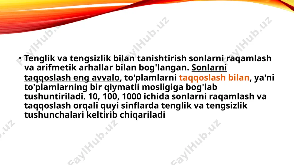 a ayirma bilan tanishadilar. ikkinchi sinfda esa ular yana ikkita eng sodda ifodalar - ko'paytma va bo'linma bilan tanishadilar. 4; 5 sonini o'rganishdayoq bolalarninig yig'indi va ayirmaning aniq mazmunini o'zlashtirishga doir bar xil amaliy mashqlarni bajarish orqali, bolalar amal ishoralari (+,-) "qo'shish", "ayirish" ishoralarini belgilashni tushunib oladilar. masalan, o'qituvchi bolalarga 3 ta cho'p olishni va shu cho'plarga yana bitta yoki ikta cho'p qo'shsak cho'plar nechta bo'ladi degan savollar bilan taklif qiladi.shu misolga yakun yasagan holda o'qituvchi "uchga birni qo'shsak to'rt va uchga ikkini qo'shsak besh bo'ladi" deb misolga yakun yasaladi.bolalar o'rgatilgan amallarni eslab qolishi uchun plakatlardan foydalanish foydalidir. misol; 7+3=10 7-qo'shiluvchi, 3-qo'shiluvchi va 10- esa yig'indi hisoblanadi. ayirma tushunchasini kiritishda darslikda bu terminning ikki xil ma'uosi ochib beriladi.bir tomondan u ifoda qiymatini bildiradi, ikkinchi tomondan esa ifodaning o'zini bildiradi. 34 misol: 10-7=3 10-kamayuvchi, 7- ayiriluvchi va 3- ayirmadir, ko'paytma va bo'linma ifodalari ham shunday o'rgatiladi.sunday ifodalarni o'rgatish metodikasi bir xil …