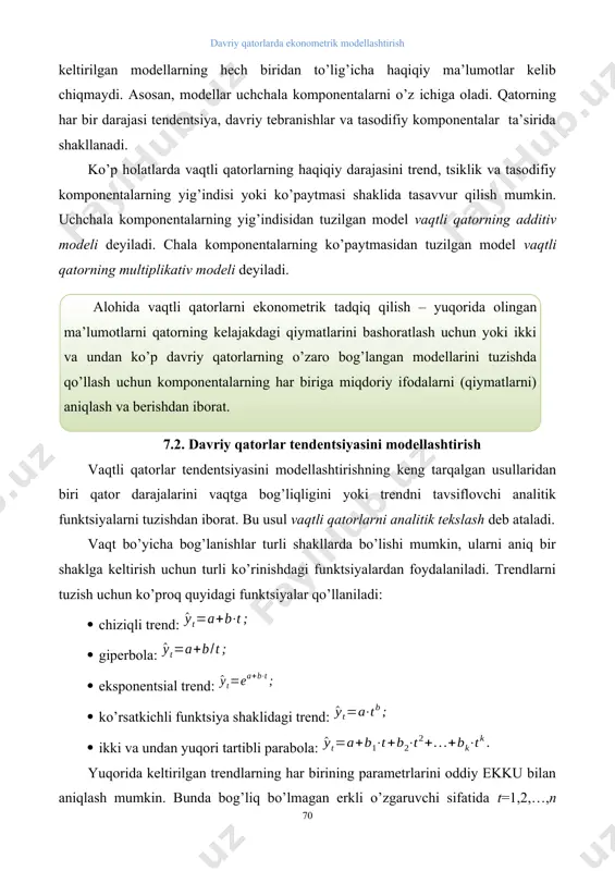 lgan usullaridan biri qator darajalarini vaqtga bog’liqligini yoki trendni tavsiflovchi analitik funktsiyalarni tuzishdan iborat. bu usul vaqtli qatorlarni analitik tekslash deb ataladi. vaqt bo’yicha bog’lanishlar turli shakllarda bo’lishi mumkin, ularni aniq bir shaklga keltirish uchun turli ko’rinishdagi funktsiyalardan foydalaniladi. trendlarni tuzish uchun ko’proq quyidagi funktsiyalar qo’llaniladi: · chiziqli trend: · giperbola: · eksponentsial trend: · ko’rsatkichli funktsiya shaklidagi trend: · ikki va undan yuqori tartibli parabola: yuqorida keltirilgan trendlarning har birining parametrlarini oddiy ekku bilan aniqlash mumkin. bunda bog’liq bo’lmagan erkli o’zgaruvchi sifatida t=1,2,…,n vaqt, bog’liq o’zgaruvchi sifatida vaqtli qatorning haqiqiy darajalari olinadi. chiziqli bo’lmagan trendlar uchun avval ularni chiziqli holatga keltiruvchi standart amallar bajariladi. tendentsiya turlarini aniqlashning bir qancha usullari mavjud. eng ko’p tarqalgan usullar qatoriga o’rganilayotgan jarayonni sifat jihatidan tahlil qilish, qator darajalarini vaqtga bog’liqligi grafigini qurish va uni tahlil qilish, dinamikaning ayrim asosiy ko’rsatkichlarini hisoblash usullarini kiritish mumkin. tendentsiya turlarini aniqlashda qator darajalarining avtokorrelyatsiya koeffitsientlarini qo’llash mumkin. …