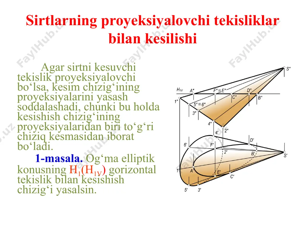 . berilgan a to‘g‘ri chiziq orqali ixtiyoriy yordamchi p tekislik o‘tkaziladi. pa. f sirt bilan p tekislikning kesishish chizig‘i m yasaladi. f∩p=m. m chiziq bilan berilgan a to‘g‘ri chiziqning kesishish nuqtasi b belgilab olinadi: a∩m=b. 1-masala. berilgan a to‘g‘ri chiziq bilan f og‘ma elliptik silindrning kesishish nuqtalari yasalsin. 2-masala. asosi h tekislikka tegishli bo‘lgan to‘g‘ri doiraviy konus sirti bilan a to‘g‘ri chiziqning kesishish nuqtalari aniqlansin. 3-masala. xususiy holda berilgan a(a′, a″) va b(b′, b″) to‘g‘ri chiziqlarning to‘g‘ri doiraviy konus bilan kesishish nuqtalari aniqlansin. image1.jpeg image2.png image3.png image4.jpeg image5.jpeg image6.jpeg image7.jpeg image8.jpeg image9.jpeg /docprops/thumbnail.jpeg