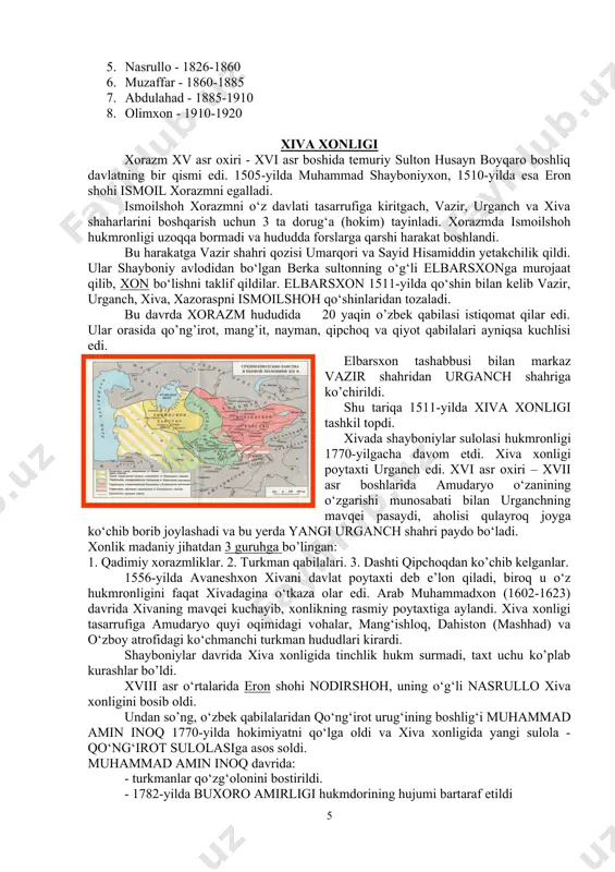 an, majburiy mehnat va soliqlardan ozod etildi. shuningdek, xiroj, nikoh puli, tarozi haqi va boshqa yig‘imlar miqdori kamaytirildi. buxoroda mang’itlar sulolasi 1920-yilgacha hukmronlik qildi. amirlik 40 ta viloyat va tumanliklarga bo‘lingan, yer maydoni 270 ming kv.km. poytaxti – buxoro shahri. aholisi 2 million atrofida, jumladan: - 57 % o‘zbeklar, - 32 % tojiklar, - 10 % turkmanlar, - qolgan qismi qoraqalpoqlar, qozoqlar va boshqalar tashkil qilgan. amirlik davlat boshqaruvi qo‘shbegi – bosh vazir. devonbegi – davlatning moliya-xazina ishlarini boshqargan. ko‘kaldosh – butun amirlikning holati bo‘yicha ma’lumot to‘plagan. mushrif – xonga in’om etilgan narsalar va harbiy anjomlarni hisoblab yozib borgan. mirshab – tungi soqchilar boshlig‘i. dodxoh – fuqarolarning arz-dodlarini tinglovchi va hal qiluvchi. inoq – amir farmonlarini beklardan boshqa tabaqaga yetkazuvchi. miroxo‘r – amir otxonasining boshlig‘i. kitobdor – amir kutubxonasi va boshqa viloyatlar kutubxonalari boshlig‘i. sadr – vaqf mulklarini boshqaruvchi. shayxulislom – musulmon jamoasi boshlig‘i. soliq siyosati tanobona – tokzor, mevali …