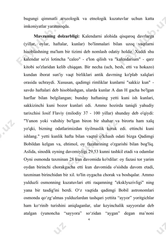 aqam - sayyoralar soni bobilliklar uchun ham, boshqa ko'plab antik xalqlar uchun ham muqaddas bo'lgan. qadimgi bobil munajjimlari kunni 24 soatga bo'lib, kunning har bir soati ma'lum bir sayyora homiyligida, go'yo uni "nazorat qiladi" degan g'oyani shakllantirdilar. soatlarni hisoblash shanba kuni boshlandi: birinchi soatni saturn, ikkinchisini yupiter, uchinchisini mars, to'rtinchisini quyosh, beshinchisini venera, oltinchisini merkuriy, ettinchisini oy boshqardi. shundan so'ng, tsikl yana takrorlanadi. interkalar kunlar (dies intercalares) mersedoniya oyi deb atalgan, garchi qadimgi yozuvchilar buni oddiygina interkalar oy - interkalarius (inter-calaris) deb atashgan. “mersedoniya” so‘zining o‘zi “merces edis” “mehnat to‘lovi” so‘zidan kelib chiqqanga o‘xshaydi: go‘yo ijarachilar mulk egalari bilan hisob-kitob qiladigan bir oy edi. ko'rib turganingizdek, bunday qo'shimchalar natijasida rim taqvimi yilining o'rtacha uzunligi 366,25 kunga teng bo'ldi - bu haqiqiy kundan bir kun ko'proq. shuning uchun vaqti-vaqti bilan bu kunlarni taqvimdan tashqariga tashlash kerak edi. kurs ishining maqsadi va vazifasi: ushbu kurs ishining maqsadi grigoriyn kalendari va uning ishlatiliashi …