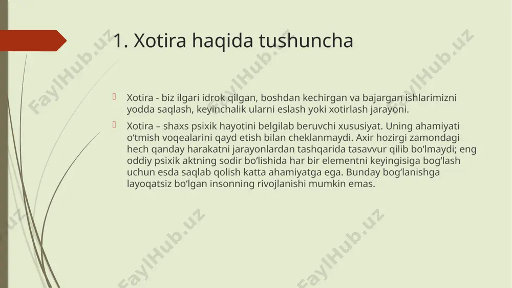 erish edi. xotira turlari va ularning xususiyatlari har biri xotira turi uning o'ziga xos faoliyati bor, garchi ularning barchasi to'liq yodlash jarayonini amalga oshirish uchun hamkorlik qiladi. bu murakkab va kodlash, konsolidatsiya, saqlash va qidirishga bo'linadi. xotiraning maqsadi vaqt o'tishi bilan ma'lumotlarni saqlashdir. xotira turlarini o'rgangan mualliflar odatda ularni bir necha mezonlarga ko'ra ajratib turadilar. masalan, ma'lumot bizning yodimizda qancha vaqt saqlanadi. u erdan eng yaxshi ma'lum bo'lgan ikkita katta xotira guruhlari paydo bo'ladi, ular qisqa muddatli va uzoq muddatli xotiralardir. bosh miya, xotira xotira xususiyatlari xotira xususiyatlarining orasida uning quyidagi tabiiy xossalari ajratiladi: - yodda saqlash tezligi – axborotni xotirada saqlab qolish uchun zarur bo‘lgan takrorlashlar soni; - unutish tezligi – esda qolganlarning xotirada saqlanish muddati; - yodda saqlash hajmi – insonning ma’lum vaqt ichida esda olib qolishga qodir bo‘lgan jismlar yoki dalillar soni; - o‘zlashtirilganlarni yodda saqlash davomiyligi – insonning zarur axborotni ma’lum vaqt oralig‘ida yodda olib qolish …