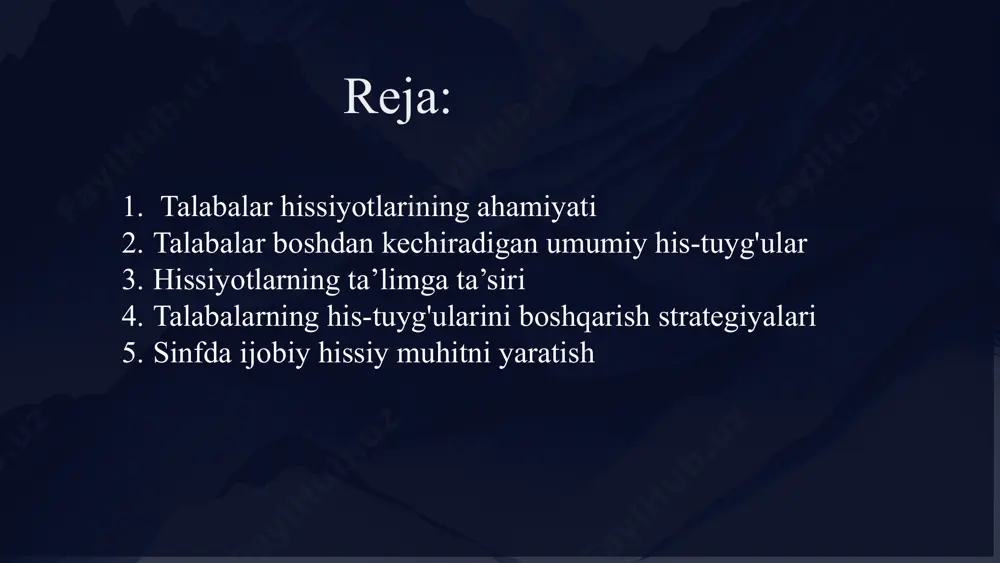 otivatsiyasini kuchaytiradi. 6 talabalarning his-tuyg'ularini boshqarish strategiyalari 1 ijtimoiy-hissiy ta'lim talabalarga hissiy tartibga solish, empatiya va ijtimoiy ko'nikmalarni o'z his-tuyg'ularini samarali boshqarishga o'rgatish. 2 ongni rivojlantirish mashqlari o‘quvchilarning o‘z-o‘zini anglash va his-tuyg‘ularini tartibga solishga yordam beradigan ongni rivojlantirish mashqlarini joriy qilish. 3 tasdiqlash va qo'llab-quvvatlash talabalar o'z his-tuyg'ularini ifoda etishlari va yordam va yo'l-yo'riq ko'rsatishlari uchun xavfsiz joy yaratish. 7 hissiy qiyinchiliklarga duch kelgan talabalarni qo'llab-quvvatlash maslahatchilar va maxsus aralashuvlar bilan hamkorlik qilish orqali talabalardagi hissiy qiyinchiliklarni aniqlash va hal qilish. 8 sinfda ijobiy hissiy muhitni yaratish 1 o'qituvchi va o'quvchining ijobiy munosabatlari hissiy farovonlikni oshirish uchun ishonch, hurmat va ochiq muloqotga asoslangan kuchli munosabatlarni o'rnatish. 2 inklyuziv sinf muhiti turli xillikni qabul qilish, mehribonlikni targ'ib qilish va o'quvchilar o'zlarini qadrli his qiladigan inklyuziv muhit yaratish. 3 qiziqarli va maqbul o'rganish qiziqish va hissiyotlarni uyg'otadigan qiziqarli va mazmunli o'rganish tajribalarini yaratish. 9 xulosa hissiyotlar muhimligi talabalarning o'rganish salohiyatini yaxshilash uchun …