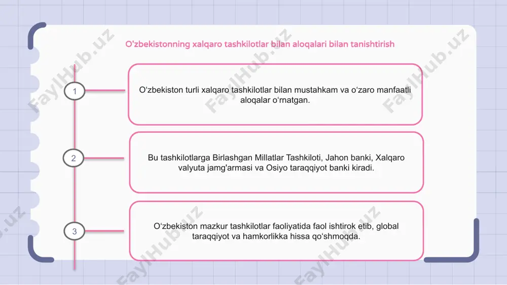 turli sohalardagi hamkorlik va rivojlanishni rag‘batlantirishda muhim ahamiyat kasb etadi. o‘zbekistonning ko‘p tomonlama diplomatiyadagi ishtiroki o‘zbekiston ko‘p tomonlama diplomatiya sohasida faol ishtirok etib, ko‘plab xalqaro tashkilotlar bilan aloqalar o‘rnatgan. mamlakat birlashgan millatlar tashkiloti, yevropada xavfsizlik va hamkorlik tashkiloti, mustaqil davlatlar hamdoʻstligi aʼzosi. o‘zbekistonning ushbu tashkilotlardagi ishtiroki mintaqada tinchlik, xavfsizlik va iqtisodiy hamkorlikni mustahkamlashga qaratilgan. o‘zbekistonning xalqaro tashkilotlar bilan aloqalaridagi asosiy yutuqlar o‘zbekiston xalqaro tashkilotlar bilan munosabatlarida salmoqli marralarni qo‘lga kiritdi. mamlakat birlashgan millatlar tashkilotining faol a’zosi bo‘lib, turli tinchlikparvar missiyalarga o‘z hissasini qo‘shgan. o‘zbekistonning jahon banki va xalqaro valyuta jamg‘armasi kabi tashkilotlar bilan hamkorligi uning iqtisodiy rivojlanishida hal qiluvchi rol o‘ynadi. 1 2 3 o‘zbekistonning xalqaro tashkilotlar bilan aloqalaridagi muammolar va imkoniyatlar o‘zbekistonning xalqaro tashkilotlar bilan hamkorligi uning rivojlanishi va yuksalishida muhim ahamiyatga ega. mamlakat ushbu munosabatlarni samarali yo'lga qo'yish va ulardan o'z manfaati uchun foydalanishda qiyinchiliklarga duch kelmoqda. biroq o‘zbekistonda xalqaro tashkilotlar bilan hamkorlik va hamkorlikni rivojlantirish uchun ham …