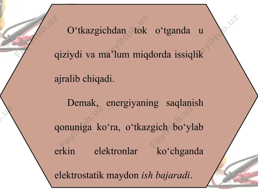 rostatik maydon kuchlariga qarshi ko‘chirishda achet ish bajaradi. bu ish berilgan vaqt ichida zanjir bo‘ylab ko‘chayotgan q zaryad miqdoriga proporsional bo‘ladi. shunga ko‘ra chet kuchlarning bajargan ishining zaryad miqdoriga nisbati achetga ham, q ga ham bog‘liq bo‘lmaydi. demak, u tok manbayining xarakteristikasi hisoblanadi. bu nisbat, ya’ni birlik q musbat zaryadni berk zanjir bo‘ylab ko‘chirishda bajarilgan ishi manbaning elektr yurituvchi kuchi (eyuk) deyiladi va e harfi bilan belgilanadi: eyuk kuchlanish kabi voltlarda o‘lchanadi. agar zanjirdagi tok kuchi i bo‘lsa, t vaqt ichida zanjirdan q = it zaryad o‘tadi. shunga ko‘ra (1) formulani quyidagicha yozib olamiz ga ega bo‘lamiz. bu ifoda butun zanjir uchun om qonuni deyiladi. r + r ni zanjirning to‘la qarshiligi deyiladi. butun zanjir uchun om qonunini ko‘rinishda yozib olamiz. bu ifodadagi birinchi qo‘shiluvchi, manba qutblaridagi u kuchlanishga teng: manba qutblaridagi maksimal kuchlanish e ga teng. bu i = 0 bo‘lganda bo‘ladi. tashqi zanjirga qarshilik ulanmasdan ochiq qolganda tok …