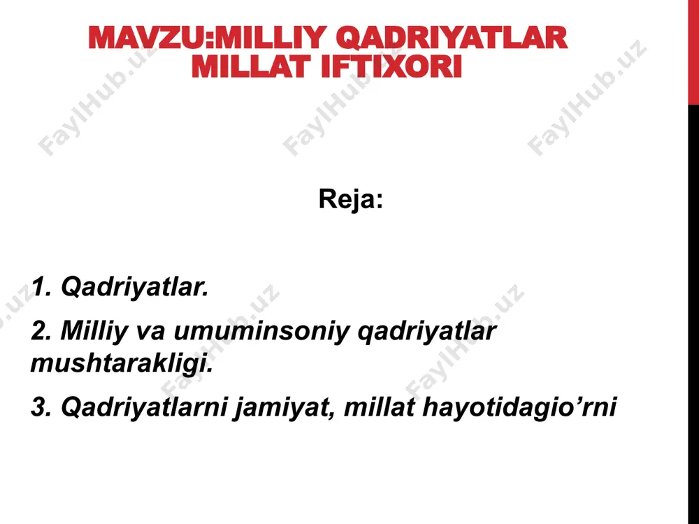 estetik va narsalar qad-riyatlariga bo’lish mumkin. shuningdek, qadriyatlarni haqi-qatni, ezgulikni, go’-zallikni ulug’lovchi qadriyatlarga ajratiш mumkin. qadriyatlar jamiyat ijtimoiy - iqtisodiy, madaniy -ma‘naviy rataqqiyotining mahsulidir. shuning uchun ham qadriyatlarda zamonning ruhi, imkoniyatlari, o’sha zamonda yashagan odamlarning orzu - umidlari, isatklari, atlab va ehtiyojlari o’z ifodasini topadi. zamonlar o’tishi bilan qadriyatlarning mazmuni va ma‘nosi o’zgarib boradi. xuddi shuning uchun ham qadriyatlarning atrbiyaviy ahamiyatga baho berganda konkret atrixiy shart - sharoitlarni doimo nazarda tutmoq zarur. qadriyatlarni jamiyat, millat hayotidagio’rni, ijtimoiy xarakteriga qarab milliy va umuminsoniy, sinfiy yokidiniy, shuningdek kishilarning yoshi, pro-fessional xususiyatlariga xos qadriyatlarga bo’lish mumkin. insonning qadr - qimmati, sha‘ni, or - nomusi, milliy g’ururi - milliy qadriyatlar bilan bevosiat bog’liq. milliy qadriyatlar, har bir millatning o’ziga xos xususiyatlari, xossalari, belgilari, alomatlarini ifodalovchifalsafiy tushunchabo’lib, o’sha millat bosib o’tgan ijtimoiy rataqqiyot jarayonida shakl-langan milliy madaniy meros xazinasiga qo’shgan hissasini, ulushini ifodalaydi. xuddi shu mil-liy o’ziga xoslik, o’ziga moslik, millat madaniyatida, adabiyotida, san‘atida, tilida, …