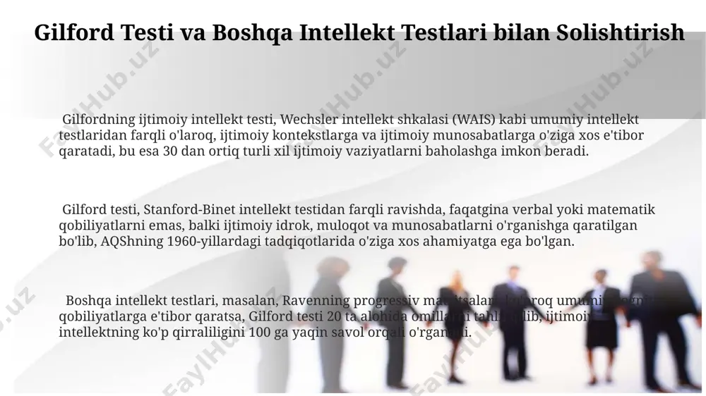 kentdagi psixologiya institutida o'tkazilgan tadqiqotlar shuni ko'rsatdiki, gilford testi yordamida 15-25 yosh oralig'idagi shaxslarning ijtimoiy moslashuvchanligini aniqlash mumkin. o'zbekiston maktablari va universitetlarida gilford testidan foydalanish cheklangan bo'lsa-da, psixologik tadqiqotlarda 100 ga yaqin ishtirokchilar ustida uning samaradorligi tekshirilgan. gilford testining afzalliklari va kamchiliklari gilford testi ijtimoiy aqlni 5 omilga (idrok, tushunish, baholash, rejalashtirish va qo'llash) bo'lib baholash imkonini beradi, ammo 1960-yillardagi aqsh sharoitida ishlab chiqilganligi sababli, boshqa madaniyatlarga moslashishi mumkin emas. gilford testi ijtimoiy munosabatlarni o'lchashda samarali bo'lsa-da, u individual farqlarni to'liq hisobga olmaydi va natijalarni talqin qilishda xatoliklar yuz berishi mumkin, masalan, shaxsning kayfiyati natijalarga ta'sir qilishi mumkin. testning yuqori ishonchlilik koeffitsienti (masalan, 0.8 dan yuqori) mavjud, biroq u faqat yuqori intellektual darajadagi shaxslarni tekshirish uchun mo'ljallangan va shuning uchun keng qamrovli emas, masalan, past intellektli shaxslarni tekshira olmaydi. e'tiboringiz uchun rahmat image2.jpeg image1.png
