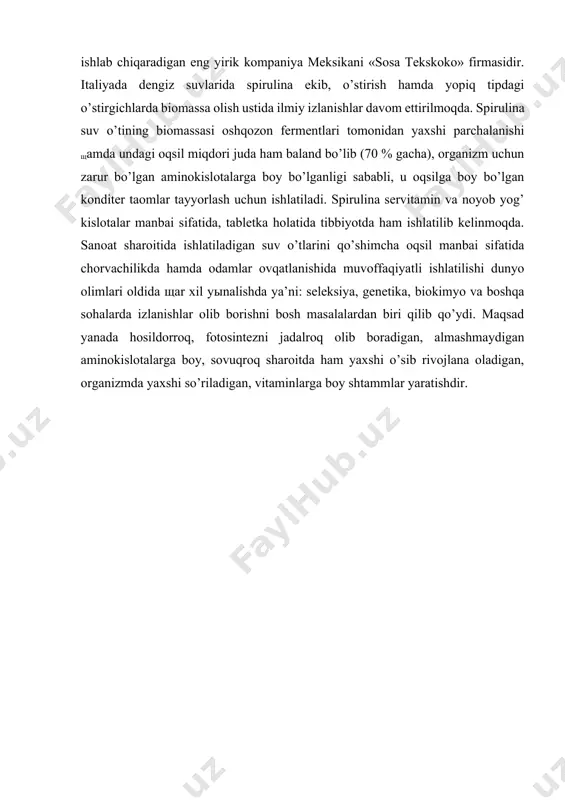 tka holatida tibbiyotda ham ishlatilib kelinmoqda. sanoat sharoitida ishlatiladigan suv o’tlarini qo’shimcha oqsil manbai sifatida chorvachilikda hamda odamlar ovqatlanishida muvoffaqiyatli ishlatilishi dunyo olimlari oldida щar xil yыnalishda ya’ni: seleksiya, genetika, biokimyo va boshqa sohalarda izlanishlar olib borishni bosh masalalardan biri qilib qo’ydi. maqsad yanada hosildorroq, fotosintezni jadalroq olib boradigan, almashmaydigan aminokislotalarga boy, sovuqroq sharoitda ham yaxshi o’sib rivojlana oladigan, organizmda yaxshi so’riladigan, vitaminlarga boy shtammlar yaratishdir. adabiyotlar: 1. deniz ekinci “biotechnology” croatia, 2015 2. winter j., klein j. «biotechnology: environmental processes» germany. vch. 1999 3. vallero d.a. «environmental biotechnology» - usa. elsevier. 2010 4. қ.д.давранов., н.а.хўжамшукуров. умумий ва техник микробиология. тошкент, тошдау нашриёти, 2004 - 279 бет 5. соловьев а.а. «возобновляемые источники энергии» - москва. мгу. 2006 6. г. п. трошкова, е. к. емельянова, н. о. карабинцева “экологическая биотехнология”, учебное пособие. новосибирск. 2011. 7. кузнецов а. е., градова н. б. научные основы экобиотехнологии. – м.: мир, 2006. – 504 с. …