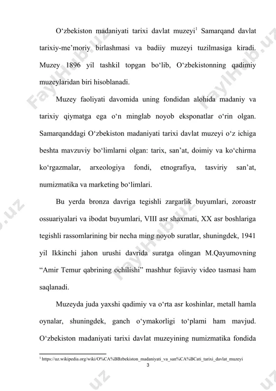 uzeyda o’zbekiston xalq amaliy sanʼati, o’zbekiston tasviriy sanʼati, rus sanʼati, g’arbiy yevropa sanʼati, xorijiy sharq xalklari sanʼati bo’limlari, xazina, taʼmirlash ustaxonasi, fotolaboratoriya bor, lektoriy tashkil etilgan. muzey ilmiy muassasa sifatida o’zbekiston tasviriy sanʼati bo’yicha ilmiy tekshirish ishlari olib boradi: sanʼat asarlari sotib oladi, ularni ilmiy yoritadi, muzey xazinasidagi sanʼat asarlarini tahlil qiladi, tavsiflaydi, ilmiy asarlar, katalog , albomlar nashr etadi (mas, "yapon gravyurasi o’zbekiston davlat sanʼat muzeyi to’plamida" katalogi; "davlat sanʼat muzeyi" albomi, "toshkentda eng yaxshi"[footnoteref:4] turkum maʼlumot kitobi va boshqalar), xazinasidagi sanʼat asarlari asosida mavzuli ko’rgazmalar tashkil etadi, chet mamlakatlar (aqsh, belgiya, buyuk britaniya, germaniya, fransiya, shveysariya, rossiya, xitoy, yaponiya va boshqalar) ko’rgazmalarida ishtirok etadi (jumladan, "ekspo—2000" xalqaro ko’rgazmasi, germaniyada; xalqaro gilamdo’zlik ko’rgazmasi hamda "qadimshunoslik va amaliy sanʼat", aqshda va boshqalar). ayniqsa, mustaqillik yillarida xorijiy mamlakatlar bilan ijodiy aloqalar kengaydi. muzey xalqaro muzeylar qo’mitasi (ikom) aʼzosidir. [4: https://www.facebook.com/samarkandmuseum] muzeyga turli davrlarda sh. hasanova, s.abdullayev, d.ro’ziboyev rahbarlik qilgan; 1997 yildan …