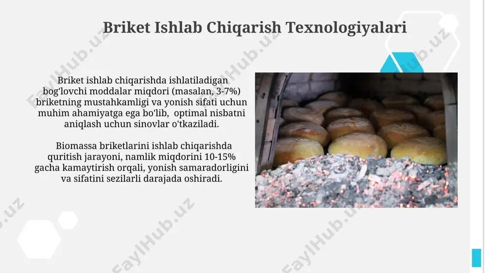 t asosida ishlaydigan optimallashtirish tizimlari xomashyo sarfini 5-7% ga kamaytirish va sifatni yaxshilash imkonini beradi. briket ishlab chiqarishda 3d-bosma texnologiyalarining qo'llanilishi 2025-yilga kelib 15% ga o'sishi va energiya samaradorligini 10% ga oshirishi kutilmoqda. xom ashyo tanlash va tayyorlash xomashyoni tayyorlash jarayonida chang va mayda zarrachalarning miqdorini kamaytirish uchun 2-3 mm dan katta bo'laklarni saralash kerak, bu esa briketlar sifatini va samaradorligini oshiradi. xomashyo aralashmasining namligi briketlash jarayonida muhim rol o'ynaydi; 8-12% oralig'ida namlik miqdori eng maqbul hisoblanadi, chunki bu optimal bog'lanish va briketning mustahkamligini ta'minlaydi. e'tiboringiz uchun rahmat @taqdimot_robot image1.jpg image2.jpg image3.jpg image4.jpg image5.jpg image6.jpg image7.jpg image8.jpg image9.jpg image10.jpg image11.jpg image12.jpg image13.jpg image14.jpg image15.jpg image16.jpg image17.jpg