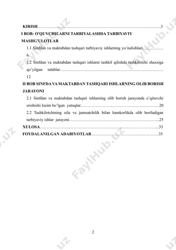ar, sog’lomlashtirish muassasalari va boshqa muassasalar kiradi. o`quvchilar bilan olib boriladigan sinfdan va maktabdan tashqi ishlarga ta`lim-tarbiya jarayoning ajralmas tarkibiy qismidir. u darslarda olib boriladigan o`quv-tarbiya ishlarini mustahkamlab va to`ldirib borishi bilan birgalikda o`quvchilarni pedagogik ta`sir ostiga to`la ravishda jalb etishga hamda dars uchun ajratilgan vaqt ichida amalga oshirilishi qiyin bo`lgan yoki butunlay iloji bo`lmagan bir qancha muhim tarbiyaviy vazifalarni hal qilishga yordam beradi. qiziqish va intilishlarini darslarda, masalan, fizika darslarida, yetarlicha qondirish mumkin emas. bu vazifani o`quvchilar bilan ularni qiziqtirgan masalalar bo`yicha darsdan tashqi mashg`ulotlar o`tkazish yo`li bilangina maqsadga muvofiq ravishda hal qilish mumkin. kurs ishining vazifasi: sinfdan va maktabdan tashqi ishlarning mazmuni juda ham xilma-xildir. bunga eng avvalo o`quvchilarning bilimlarini chuqurlashtirish va kengaytirish, bilimlaridan amaliy va mustaqil ravishda foydalana bilishga o`rgatish, o`quvchilarni ijtimoiy foydali mehnatga tayyorlab borish va shu bilan birga, ularga ijtimoiy -siyosiy tarbiya berish maqsadiga qaratilgan tadbirlarni uyushtirish kiradi. so`ngra o`quvchilarga badiiy tarbiya berish, ularning turli …