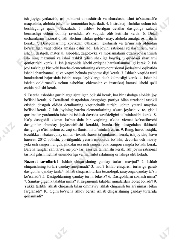 irish, frezerlik va hokazo. 2. predmetli - seriyali, ayrim detallar uchun ommaviy ishlab chiqarishda ham qo'llaniladi. dastgohlar texnologik jarayon ketma-ketligi bo'yicha bir xil ishlov berish shakliga ega bo'lgan bir yoki bir nechta detallar uchun joylashtiriladi. bunda detallar harakati navbati bilan tashkil qilinib, dastgohlarga partiya bilan uzatiladi. 3. oqim bo'yicha seriyali yoki o'zgaruvchan oqim bo'yicha. dastgohlar detallarga ishlov berish texnologik jarayoni ketma-ketligi bo'yicha dastgoh liniyasiga joylashtiriladi. ishlov berish partiya asosida olib boriladi. partiyadagi detallai bir- biridan o'lchami, konstruksiyasi bilan farq gilishi mumkin. jarayon shunday tashkil gilmadiki, bunda bir dastgohda ishlov berish vagti navbatdagi dastgohda ishlov berish vaqti bilan kelishilgan holda belgilanadi. detallar texnologik operatsiyalar ketma-ketligi bo'yicha dastgohdan kelgusi dastgohga uzluksiz ravishda ко'chib yuradi. 4. to'g’ri oqim bo'yicha - ommaviy ishlab chigarishda go'l- lanilib, dastgohlar texnologik jarayon ketma-ketligi bo'yicha joylashtiriladi. detallar dastgohdan dastgohga donalab uzatiladi. detallarga ishlov berish vagti barcha dastgohlarda har xil bo'lganligi sababli ishlov berish vaqti taktdan katta bo'lgan dastgohlar …