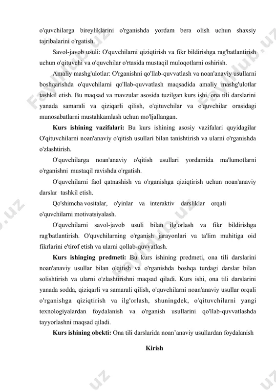 dek, bu jarayonda xatolarni tahlil qilish va ularni hal qilishning amaliy jihatlari ham o'rganiladi. kurs ishining natijalari, xatolardan samarali foydalanish, jarayonlarni yaxshilash va sifatni oshirishga qaratilgan tavsiyalarni o'z ichiga oladi. kurs ishida xatolarni to'g'irlash va ularning oldini olish jarayonini turli kontekstlarda, jumladan, ta'lim, texnologiya va ishlab chiqarish sohalarida, o’rganib chiqamiz. shu bilan birga, xatolarni aniqlash va tahlil qilishda yordam beradigan metodologiyalar va ularning samaradorligi haqida batafsil ma’lumot beriladi. i-bob. xatolarni to’g’irlash va ularning oldini olishning ilmiy adabiyotlardagi tahlili 1.1. boshlang’ich sinflarda xatolarni to’g’rlash va ularni oldini olish boshlangʻich sinf oʻquvchilarida xatolar juda koʻp uchraydi , bularning oldini olish sinf rahbarining zimmasiga yuklanadi. boshlangʻich sinf oʻquvchilarida koʻpincha nutqiy xatolar koʻp uchraydi .nutqiy xatolarga noto’g’ri (noo’rin) tanlangan so’zlar, noto’g’ri tuzilgan gaplar, morfologik shakllarni noto’g’ri ishlatish kiradi.boshlang’ich sinflarda bunday xatolar ustida ishlash ancha qiyin, chunki ularni to’g’rilash va oldini olish uchun ona tili dasturida berilgan qisqa nazariy ma’lumot yetarli emas. bolalar nutqini takomillashtirish …
