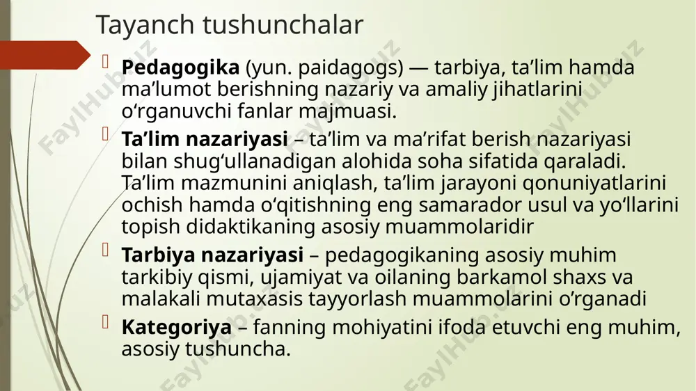 ish ta’lim sohasidagi davlat siyosatining asosiy tamoyillari. ta’lim ustuvorligining tan olinishi; ta’lim olish shaklini tanlash erkinligi; ta’lim sohasida kamsitishlarga yo‘l qo‘yilmasligi; ta’lim olishga doir teng imkoniyatlarning ta’minlanishi; ta’lim va tarbiyaga milliy hamda umuminsoniy qadriyatlarning singdirilganligi; ta’lim va tarbiyaning insonparvarlik, demokratik xususiyati; ta’limning uzluksizligi va izchilligi; davlat ta’lim standartlari va davlat ta’lim talablari doirasida ta’lim olishning hamma uchun ochiqligi; o‘quv dasturlarini tanlashga doir yondashuvning yagonaligi va tabaqalashtirilganligi; insonning butun hayoti davomida ta’lim olishi; o‘n bir yillik ta’limning hamda olti yoshdan yetti yoshgacha bo‘lgan bolalarni bir yil davomida umumiy o‘rta ta’limga tayyorlashning majburiyligi; jamiyatda pedagoglarni ijtimoiy himoya qilishning kafolatlanganligi; ta’lim tizimining dunyoviy xususiyatga egaligi; bilimlilik, qobiliyatlilik va iste’dodning rag‘batlantirilishi; ta’lim tizimida davlat va jamoat boshqaruvining uyg‘unligi; ta’lim faoliyati sohasidagi ochiqlik va shaffoflik. ta’lim tizimi va turlari. maktabgacha ta’lim va tarbiya; umumiy o‘rta va o‘rta maxsus ta’lim; professional ta’lim; oliy ta’lim; oliy ta’limdan keyingi ta’lim; kadrlarni qayta tayyorlash va ularning malakasini oshirish; maktabdan …