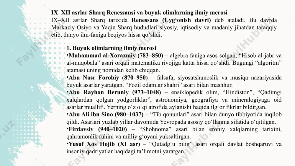 n yodgorliklar”, “mineralogiya”. yerning o‘z o‘qi atrofida aylanishi va uning koinotdagi o‘rni haqida fikr bildirgan. geografiyada kenglik va uzunlikni o‘lchashda ilmiy usullar ishlab chiqqan. qimmatbaho toshlar, minerallar, dori-darmonlar haqida ilmiy tavsif bergan. ularning asarlarining yevropa uyg‘onish davriga ta’siri va jahon ilm-fanidagi o‘rni ix–xi asrlarda yashab ijod qilgan sharq olimlari – xorazmiy, forobiy, beruniy, ibn sino va boshqalar – yaratgan ilmiy meros keyingi davrlarda yevropa uyg‘onishining shakllanishiga bevosita ta’sir ko‘rsatdi. ularning asarlari arab, fors tillaridan lotin tiliga tarjima qilinib, g‘arb universitetlarida asrlar davomida asosiy qo‘llanma sifatida o‘qitildi. 1. xorazmiy merosining ta’siri algebra asoschisi sifatida uning “hisob al-jabr va al-muqobala” asari xii asrda lotin tiliga tarjima qilindi. “algoritm” va arab raqamlari yevropa matematikasining rivojlanishiga asos bo‘ldi. bu yutuqlar tufayli keyinchalik yevropada hisob-kitob, muhandislik va texnika rivoj topdi. 2. forobiy merosining ta’siri falsafiy asarlari aristotel ta’limotini tushunishda yevropa olimlari uchun asosiy manba bo‘ldi. u yaratgan “fozil odamlar shahri”dagi g‘oyalar keyinchalik yevropada utopik jamiyat …