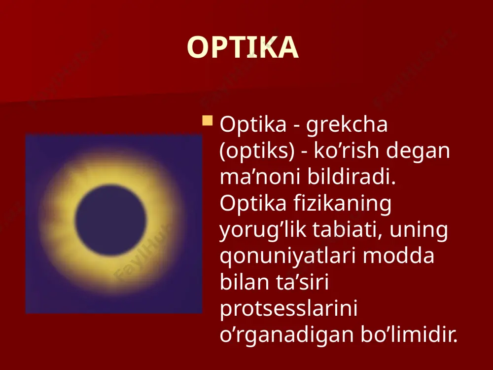 i xususiyatlari ochilmoqda. bunga quydagilarni misol qilishimiz mumkin. jismlar o‘zlariga tushayotgan nurning bir qismini yutib qolgan qismini qaytargani uchun ko‘rinish xususiyatiga egallar. shuningdek havo kabi shaffof jismlar nurni to‘lig’icha o‘tkazib yuborgani uchun ba‘zan ko‘zimiz ularni ilg’amaydi. qiziq, tabiatdagi rangli jismlarni ham ko‘rinmas holga keltirish mumkinmi? misol uchun odam. nazariy jixatdan albatta, mumkin. buning uchun tushuayotgan nur yutilmasdan, burib yuborilishi kerak, xalos. qarabsizki, qarshingizdagi inson ko‘zdan g’oyib bo‘ladi. image1.png image2.png image3.png image4.jpeg image5.jpeg image6.jpeg image7.wmf image8.jpeg image9.png image10.wmf image11.jpeg image12.jpeg image13.jpeg