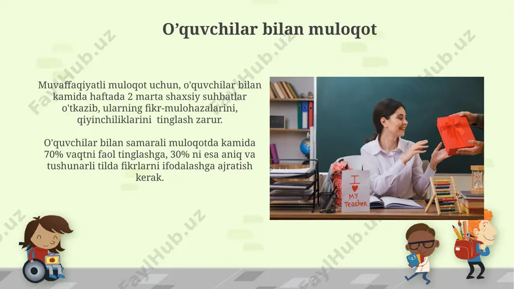 a yordam beradi. motivatsiya va rag‘batlantirish ta'lim jarayonida o'yinlashtirish texnikalarini qo'llash, masalan, ballar sistemasini joriy etish, o'quvchilarning motivatsiyasini 30% ga oshirishi mumkin, degan tadqiqotlar mavjud. o'quvchilarning 80% motivatsiyasi o'ziga xos muvaffaqiyat hissi va ijobiy baholashga bog'liq bo'lib, bu esa o'qituvchidan individual yondashuvni talab qiladi. innovatsion texnologiyalarni qo‘llash onlayn ta'lim platformalaridan foydalanish, o'quv jarayonini 30% ga tezlashtirib, 100 dan ortiq o'quvchilar bilan bir vaqtda individual yondashuvni ta'minlash imkonini beradi. innovatsion texnologiyalar, masalan, interfaol o'quv dasturlari yordamida 20% ga o'quvchilarning faol ishtirokini va 15% ga bilim o'zlashtirish samaradorligini oshirish mumkin. baholash va taqdimot usullari kuzatuv varaqalari yordamida talabalar faoliyatini 5ta asosiy mezon bo'yicha baholash, ularning ishtirok darajasi va muvaffaqiyatlarini aniqlash imkonini beradi, bu esa o'qitish jarayonini takomillashtirishga yordam beradi. baholashda 4-ballli yoki 5-ballli shkalalardan foydalanish, talabalarning bilim darajasini aniq baholash va ularning rivojlanishini kuzatish imkonini beradi, bu esa o'qituvchining pedagogik mahoratini oshiradi. dars jarayonini boshqarish dars jarayonini samarali boshqarish uchun 3 ta …