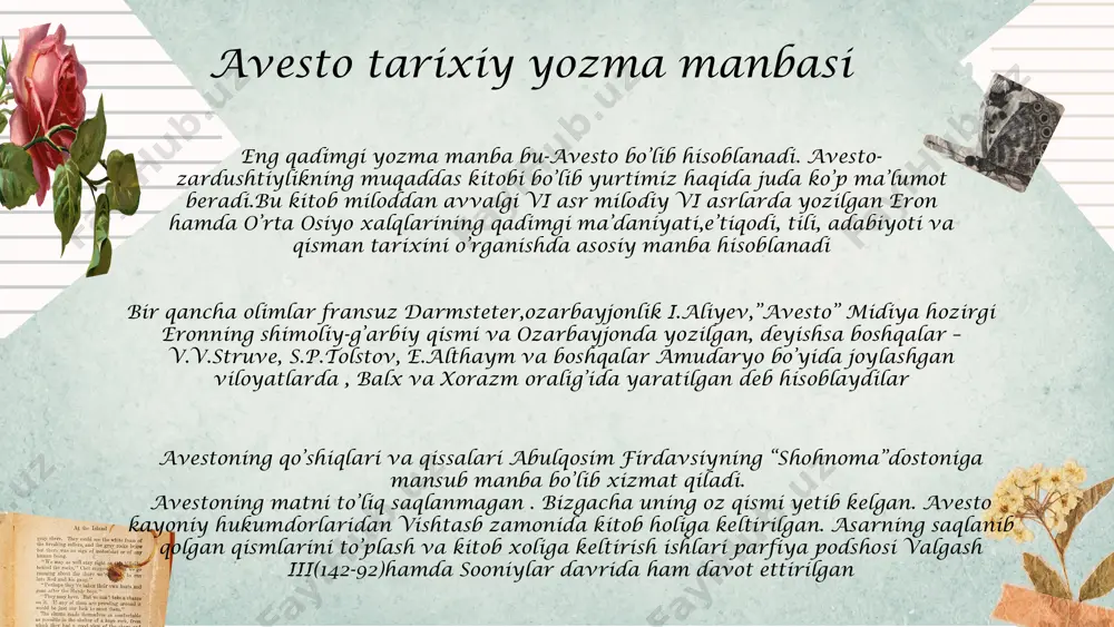 w ppt_h style.rotation style.visibility ppt_w ppt_h style.rotation behistun yozuvlari behistun yozuvlari eron hukumdori doro i tomonidan suza shahri yaqinidagi behistun qoyalariga 3 tilda elam, fors, bobil tillarida yozilgan. bu qoyada eronlik askarlar bilan birga sak , massaget,so’g’d,xalqlari yunonlar bilan bo’lgan janglarda qatnashganliklari va satrapliklarning ijtimoiy-iqtisodiy, ma’naviy, ma’daniy turmush tarzi aks ettirilgan style.visibility ppt_w ppt_h style.visibility ppt_w ppt_h style.visibility ppt_w ppt_h style.visibility ppt_w ppt_h style.visibility ppt_w ppt_h style.visibility ppt_w ppt_h style.visibility ppt_w ppt_h style.visibility ppt_w ppt_h style.visibility ppt_x ppt_y ppt_y qadimgi turk manbalari-bular orasida xvii asrda sibr va mo’g’ulistonda, oltoy va o’rta osiyoda va o’zbekistondan topilgan rumiy bitiklari alohida qiymatga ega style.visibility ppt_w ppt_h style.visibility ppt_w ppt_h style.visibility ppt_w ppt_h style.visibility ppt_w ppt_h style.visibility ppt_w ppt_h style.visibility ppt_w ppt_h style.visibility ppt_w ppt_h style.visibility ppt_w ppt_h style.visibility ppt_w ppt_h style.rotation bu yozuvlarning hozirgi yetti guruhi:lena-baykalbo’yi bitiklari,yenisey,mo’g’uliston,oltoy,sharqiy turkiston, o’rta osiyo bitiklari ma’lum. bu bitiklar o’rta osiyo,shuningdek o’zbekiston xalqlarining arablar istilosi arafasidagi ijtimoiy-siyosiy hamda …