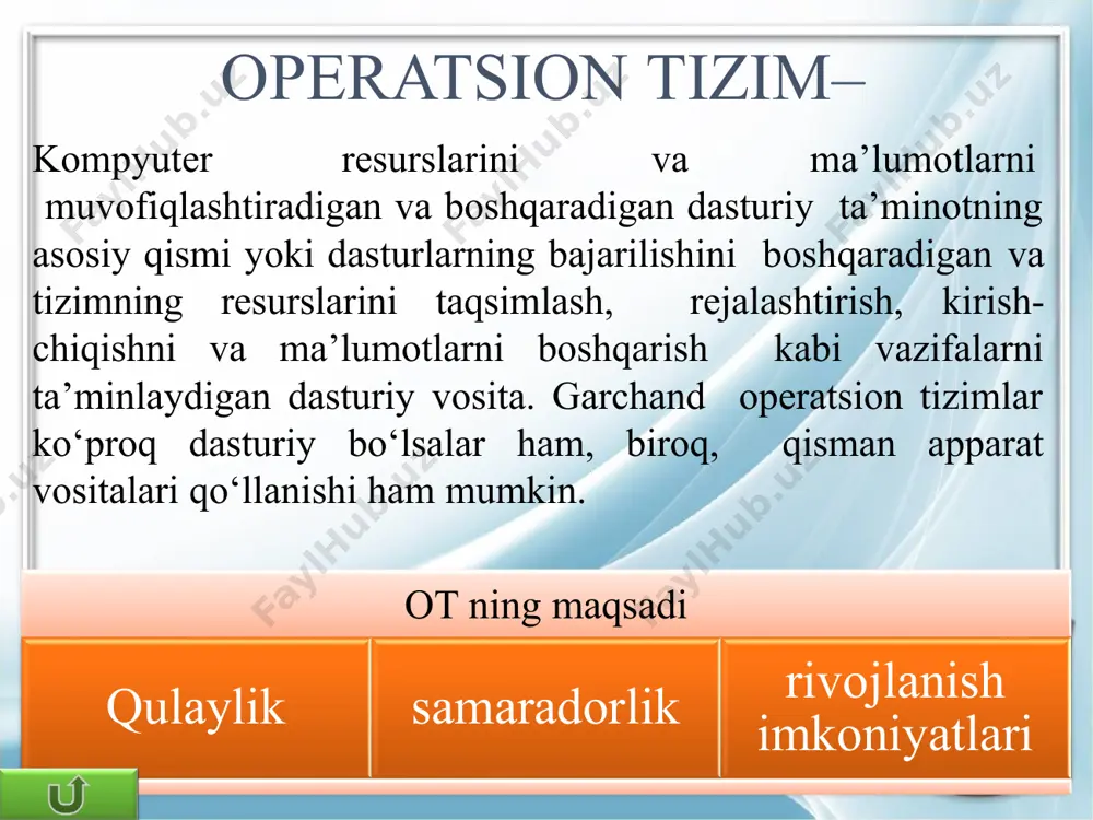 owsni ishlatib, foydalanuvchi birdaniga bir necha amaliy jarayonlar bilan samarali ishlash imkoniyatiga ega bo‘ladi. dunyoda 90% ga yaqin kompyuterlar windows operatsion tizimi boshqaruvida ishlaydi. windows operatsion (amaliy) tizimi. 1985 windows 1.0 1987 windows 2.0 1990 windows 3.0 1992 windows 3.1 1993 windows nt 3.1 1994 windows nt 3.5 1995 windows 95 1996 windows nt 4.0 1998 windows 98 2000 windows 2000 windows millennium edition 2001 windows xp 2003 windows server 2003 2007 windows vista 1995 yil sentyabrda ibm pc kompyuterlari uchun birinchi grafik operatsion tizim windows 95 ishlab chiqildi. windows operatsion tizimlarining barcha keyingi versiyalari (98, nt, me, 2000, xp, vista, 7) grafik interfeyslidir. алиакберова а.а. мкоу "осыпнобугорская сош" алиакберова а.а. мкоу "осыпнобугорская сош" алиакберова а.а. мкоу "осыпнобугорская сош" алиакберова а.а. мкоу "осыпнобугорская сош" алиакберова а.а. мкоу "осыпнобугорская сош" unix operatsion (amaliy) tizimi. bell laboratoriyasi tomonidan yaratilgan tarmoq operatsion tizimi. ilk bor unix operatsion tizimi bell laboratory tomonidan 1969 yili …