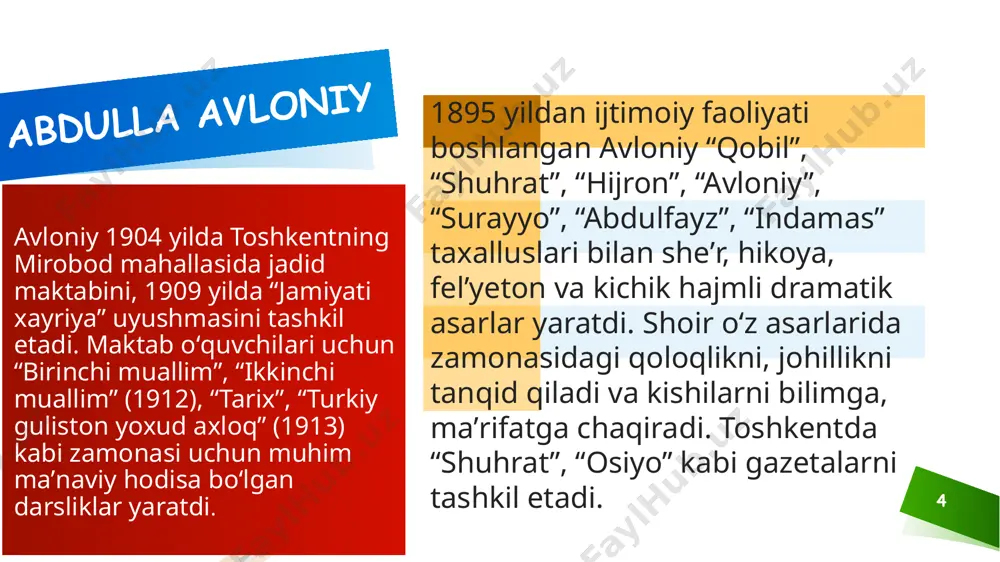 tarjimayi holida hamza 10 yoshida ,,o’zbekcha,forschaga tom savodli ‘’bo’lganligini yodga oladi. 16 hamza keyingi hayoti va faoliyati davomida qisqa muddat qoʻqondagi rus-tuzem maktabida oʻqituvchi, „shoʻroi islom“ tashkilotining ozuqa shoʻbasida mirza, „kengash“ va „hurriyat“ jurnallarida muharrir (1917), fargʻona viloyati madaniy-maorif boʻlimida xodim (1918), turkiston fronti siyosiy boshqarmasi ixtiyoridagi oʻlka musulmon siyosiy truppasida rejissor (1919), „dor ushshafaqa“ maktabida mudir (1920), buxoro viloyati maorif va harbiy targʻibot-tashviqot shoʻʼbasi qoshidagi teatr truppasida rahbar (1921), xorazm viloyatidagi kasaba soyuzlarining madaniy-maʼrifiy muassasalarida mudir (1921-1924), fargʻona maorif qoʻmitasi qaramogʻidagi ong-bilim shoʻʼbasida mudir oʻrinbosari (1924) singari turli lavozimlarda xizmat qilgan. 1926-yildan erkin ijod bilan shugʻullangan. добавить нижний колонтитул 17 hamza katta yoshdagi kishilar uchun «milliy ashulalar uchun milliy she’rlar majmuasi» umumiy nomi ostida «gul» to‘plamlarini e’lon qilgan (1915—19). hamza 1914-16 yillarda «o‘ch» (1914), «zaharli hayot yoxud ishq qurbonlari» (1915), «ilm hidoyati», «mulla normuhammad domlaning kufr xatosi», «ochlik qurbonlari» (1916), «muxtoriyat yoki avtonomiya» (1917) singari kichik sahna asarlarini yozgan. …
