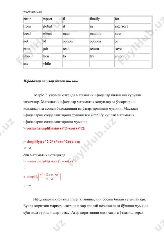йди ва қийматини қайтаради; evalf(int(f. x=a..b, digits, flag)) — юқоридагига ўхшаш, лекин аниқ интегралнинг қийматини ўнли нуқтадан кейинги рақамлар сони digits ва ҳисоблаш усулининг спецификацияси flag билан биргаликда қайтаради; evalm(mexpr) — mexpr матрицавий ифоданинг қийматини ҳисоблайди ва қайтаради; evalb(bexpr) — мантиқий ифоданинг қийматини ҳисоблайди ва қайтаради; evalc(cexpr) — комплекс ифоданинг қийматини ҳисоблайди; evalr (ехрr, ampl) — интервалли ифодаларнинг қийматини баҳолайди ва ҳисоблайди (функция библиотекадан чақирилиши керак); shake(expr, ampl) — интервалли ифодани ҳисоблайди. агар evalf функциянинг n параметри берилмаган бўлса у n=10 деб ҳисобланади. ифодаларда константалар (масалан pi, exp(1)) ва функциялар (масалан, exp, ln, arctan) ишлатилиши мумкин. комплекс ифодаларда (mexpr) комплекс операндалардан (а + i*b) ташқари одатдаги математик функциялар (3.1-жадвал) ҳам ишлатилиши мумкин: 3.1-жадвал sin cos tan csc sec cot sinh cosh tanh csch sech coth arcsin arccos arctan arccsc arcsec arccot arcsinh arccosh arctanh arccsch arcsech arccoth exp in •sqrt * abs conjugate polar argument signura csgn re im ei …