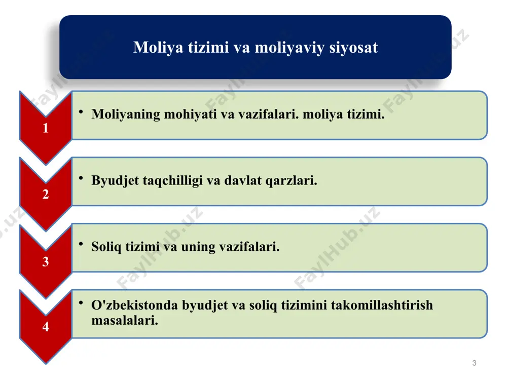 oha xizmatlari sifatiga talabning ortishi 3 atrof-muhitning ifloslanishi 4 daromadlar tengsizligini qisqartirish dasturlarini amalga oshirish 5 milliy mudofaa, davlat xavfsizligini ta'minlash xarajatlari hajmining o'sishi soliq stavkasini belgilash tamoyillari naflilik tamoyili to'lovga layoqatlilik tamoyili adolatlilik tamoyili soliq imtiyozlarining asosiy turlari 1 ob'ektlarning soliq olinmaydigan eng kam darajasini belgilash; 2 soliq to'lashdan alohida shaxs yoki ma'lum guruhlarni (masalan, urush fahriylarini) ozod qilish; 3 soliq darajasi (stavkasi)ni pasaytirish; 4 5 soliq olinadigan summadan chegirish; soliqli kredit (soliq olishni kechiktirish yoki soliq summasini ma'lum miqdorga kamaytirish). soliqlarning asosiy turlari soliq stavkasi bilan daromad o'rtasidagi nisbatga ko'ra progressiv soliq regressiv soliq mahsulot tannarxiga qo'shilishiga ko'ra to'g'ri soliq egri soliq byudjetga kelib tushishiga ko'ra mahalliy soliqlar markaziy soliqlar proportsio-nal soliq kelib tushish manbalariga ko'ra huquqiy shaxslardan tushadigan soliqlar jismoniy shaxslardan tushadigan soliqlar soliq tizimida mavjud soliqlar soliq turi soliq stavkasi yuridik shaxslardan olinadigan foyda solig'i 9 % jismoniy shaxslardan olinadigan daromad solig'i 10, 16, 22 % …