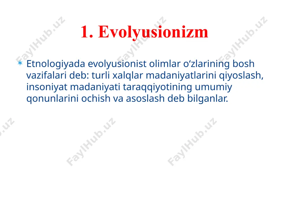 ni “antropogeografiya (1882-1891)” xalqshunoslik (1885-1895) va “yer va hayot” (1897) kabi kо‘p tomlik asarlarida ifodalaydi. ularda olim yer yuzida insonlarning joylashishi umumiy ta’svirini yozar ekan. madaniyatning geografik muhit bilan bog‘liq holda yuksalishiga e’tibor qaratdi. bu borada olim tabiiy muhitning; xalqning ichki hayotiga, uning madaniyatini shakllantirishiga, xalqlar orasida aloqalar xarakteriga (fe’li-atvoriga) ta’sirini batafsil tadqiq qiladi. фойдаланилган адабиётлар рўйхати: 1. salimov t.u. jahon xalqlari etnologiyasi. o`quv qo`llanma. fan nashriyoti. 2018. 315 b. 2. ashirov a.a. etnologiya. o`quv qo`llanma. yangi nashr. 2014. 562 b. 3. doniyorov a, bo’riyev o, ashirov a. markaziy osiyo xalqlari etnologiyasi. – toshkent, nif msh, 2021. – 281 b.