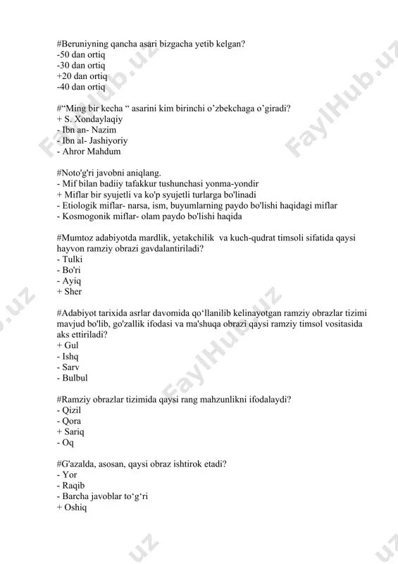ima? - g`azalning oxirgi misrasi -begona bayt + g`azalning birinch misrasi - o‘rta bayt #qit`a janrining g`azaldan farqli jihati nimada? - mavzuning chegaralanmaganligi +“mabda” deb ataladigan baytning mavjud emasligi - mustaqil baytlardan tashkil topganligi - aruz she’r tizimida bitilishi #tuyuqni birinchi marta alisher navoiy qaysi asarida janr sifatida belgilab berdi? -“xazoyin ul- maoniy” -“badoyi ul- bidoya” -“vaqfiya” +“mezon ul-avzon” #tuyuq qaysi bahrda yoziladi? - mutaqori + ramal - hazaj - rajaz #ruboiyda shoirning fikri ifoda etilgan birinchi misra nima deb ataladi? - moddai ruboiy - antitezis + tezis - sintez #ruboiy so`zining lug`aviy ma`nosi to`g`ri berilgan javobni toping. - lotincha “majmua” - arabcha “to`plam” - forscha “to`rtlik” + arabcha “to`rtlik” #ruboiy janriga oid she’rlar dastlab qaysi shoir ijodida uchraydi? - navoiy + rudakiy - lutfiy - fuzuliy #ruboiy janrida eng samarali ijod qilgan mumtoz shoirlarimiz kimlar? + navoiy, bobur - nodira, mashrab - ogahiy, cho`lpon - bedil, mashrab #asli ma`nosi …