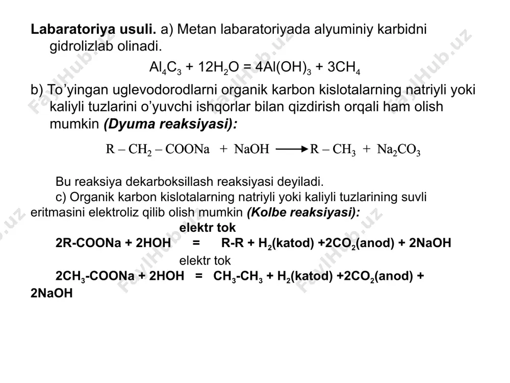 ali bilan qizdirilganda qanday alkanlar hosil bo’ladi. 3ch3-ch(br)-ch3 + 6na + 3ch3-ch(br)-ch2-ch3 → ch3-(ch3)ch- ch(ch3)ch3 + ch3-(ch3)ch – ch(ch3)ch2-ch3 + ch3-ch2(ch3)ch - ch(ch3)ch2-ch3 izopropilbromid ikkilamchibutilbromid 2,3-dimetilbutan 2,3-dimetilpentan 3,4-dimetilgeksan * uch xil galogen alkanlar aralashmasidan 6 xil alkanlar aralashmasi olinadi. 4r-x + 12na + 4r1-x + 4rii-x→ r–r + r-r1 + r-r11 + ri-ri + ri-rii + rii- rii + 12nax alkanlar aralashmasi mustaqil ishlash uchun mashqlar 1) 2-brom-3,3-dimetilbutan va 2-brom-2,3,4-trimetilpentan natriy bilan o‘zaro ta’sirlashganda qanday alkanlar hosil bo‘ladi (vyurs reaksiyasi bo‘yicha)? 2) izopropilxlorid va neopentilxloridlar aralashmasi qizdirilganda hosil bo’lgan alkanlar aralashmasini aniqlang? 1) 2,2-dimetilbutan 2) 2,3-dimetilbutan 3) 2,4-dimetilpentan 4) 2,2,4,4-tetrametilgeksan 5) 2,2,5,5-tetrametilgeksan 6) 2,2,4-trimetilpentan 3) 2-brompropan, 2- brom-2-metilpropan , propilbromid va natriy metalli qo’shib qizdirilganda qanday alkanlar hosil bo’lmaydi? 1) 2,2,3,3-tetrametilbutan 2) 2,2,4-trimetilpentan 3) 2-metilpentan 4) 2,2- dimetilpropan 5) 2,2- dimetilpentan 6) 2,2,3-trimetilbutan 7) n-pentan 8) 2,3-dimetilbutan 9) 2,2,4,4-tetrametilpentan 10) n-geksan 4) 2-yod-2-metilbutanni natriy metali bilan qizdirib (vyurs reaksiyasi) qanday …