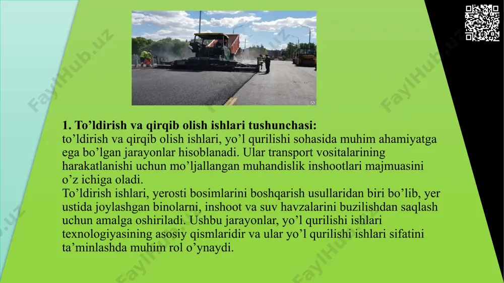 shi sohasidagi muvaffaqiyat uchun muhimdir. 4 to’ldirish va qirqib olish ishlari jarayoni quyidagilardan iborat: ishni rejalashtirish: bu jarayonning birinchi bosqichi ishni rejalashtirishdir. bu, kerakli materiallarni, asbob-uskunalarni va xodimlarni tayyorlashni o’z ichiga oladi. shuningdek, bu bosqichda ish jarayonini nazorat qilish uchun kerakli texnik hujjatlarni tayyorlash ham o’z ichiga oladi. materiallarni tayyorlash: bu bosqichda kerakli materiallar tayyorlanadi. bu, to’ldirish materiallarini (masalan, qum, sement, bitum va boshqa) tayyorlashni va ularni ish joyiga yetkazib berishni o’z ichiga oladi. to’ldirish ishlari: bu bosqichda to’ldirish ishlari amalga oshiriladi. bu, yer yuzasini to’ldirish materiallari bilan to’ldirishni o’z ichiga oladi. to’ldirish ishlari, yo’l qurilishi ishlari jarayonining asosiy qismidir va ular yo’l qurilishi ishlari sifatini ta’minlashda muhim rol o’ynaydi. qirqib olish ishlari: bu bosqichda qirqib olish ishlari amalga oshiriladi. bu, yer yuzasini to’ldirish materiallari bilan qirqib olishni o’z ichiga oladi. qirqib olish ishlari, yo’l qurilishi ishlari jarayonining asosiy qismidir va ular yo’l qurilishi ishlari sifatini ta’minlashda muhim rol o’ynaydi. …